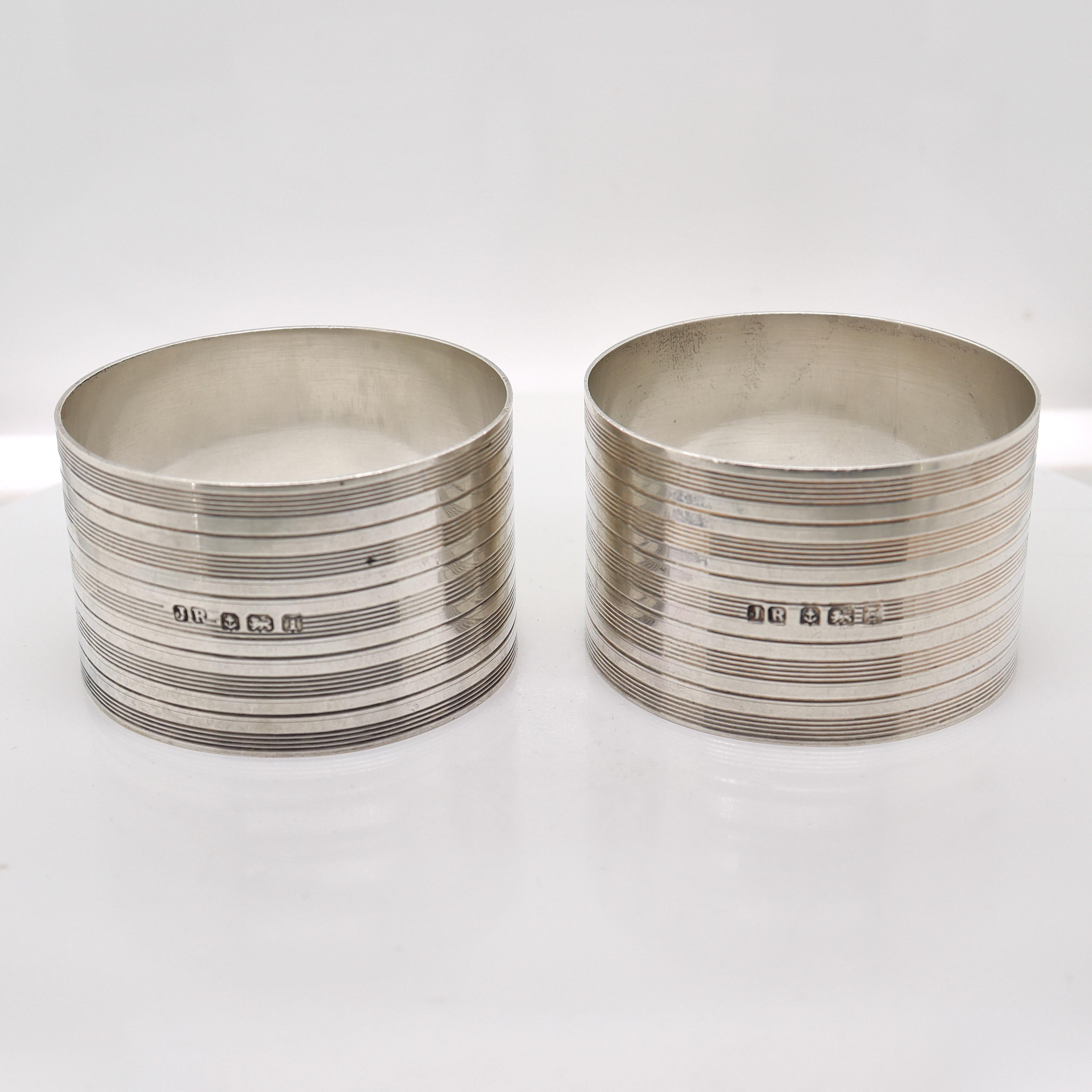 Modern Pair Midcentury English Engine Turned Sterling Silver Napkin Rings by John Rose For Sale