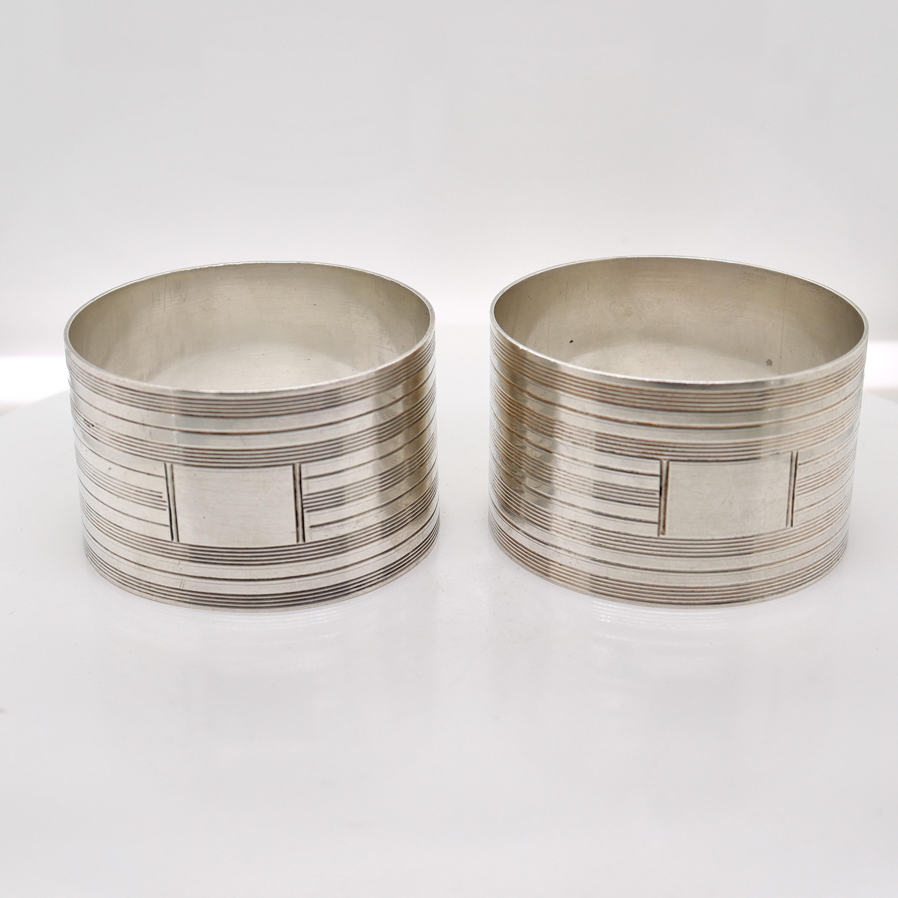 Women's or Men's Pair Midcentury English Engine Turned Sterling Silver Napkin Rings by John Rose For Sale
