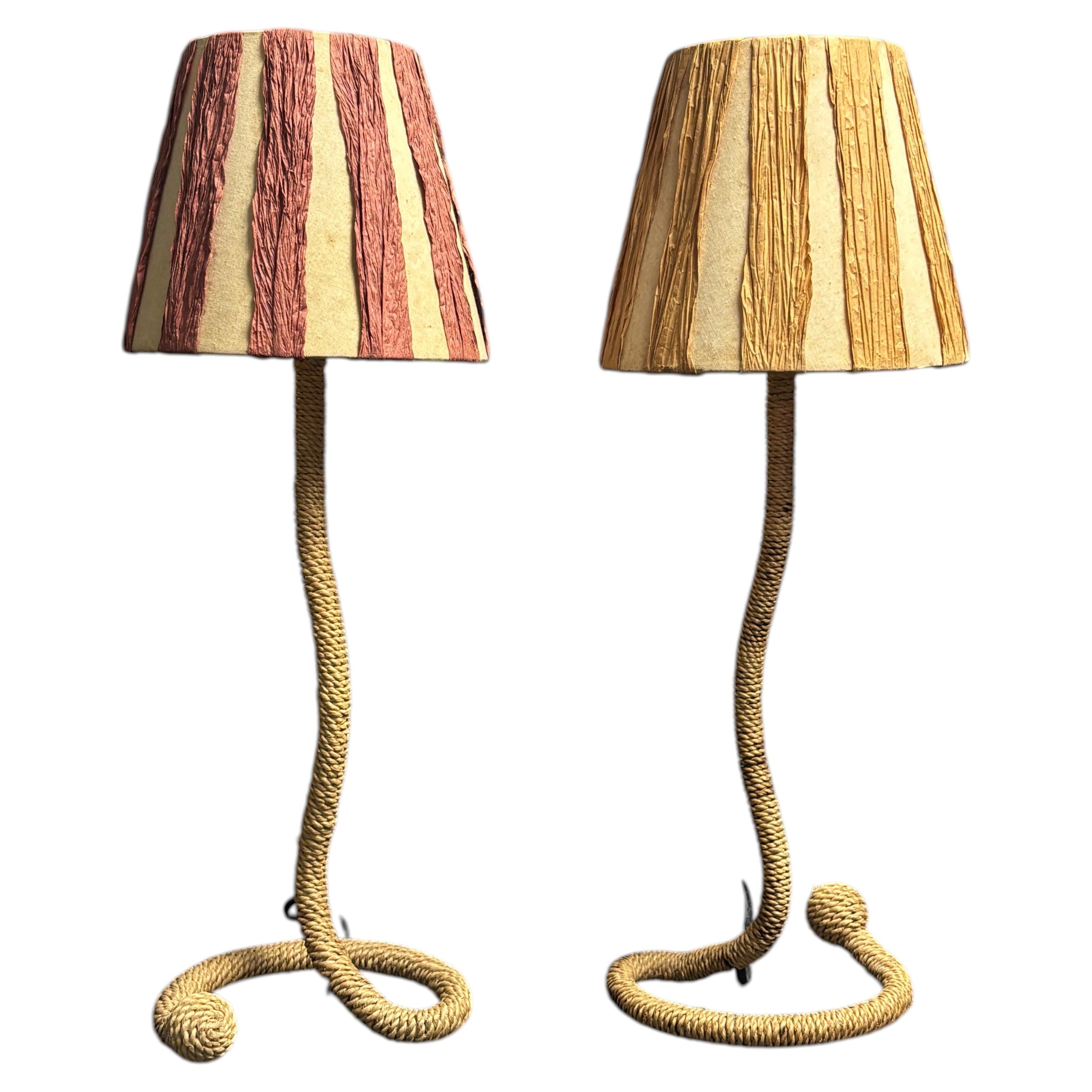 Pair midcentury French rope table lamps in the style of Audoux & Minet