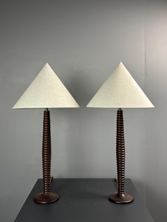 Pair midcentury French wood turned table lamp, in the style of Charles Dudouyt