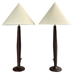 Pair midcentury French wood turned table lamp, in the style of Charles Dudouyt