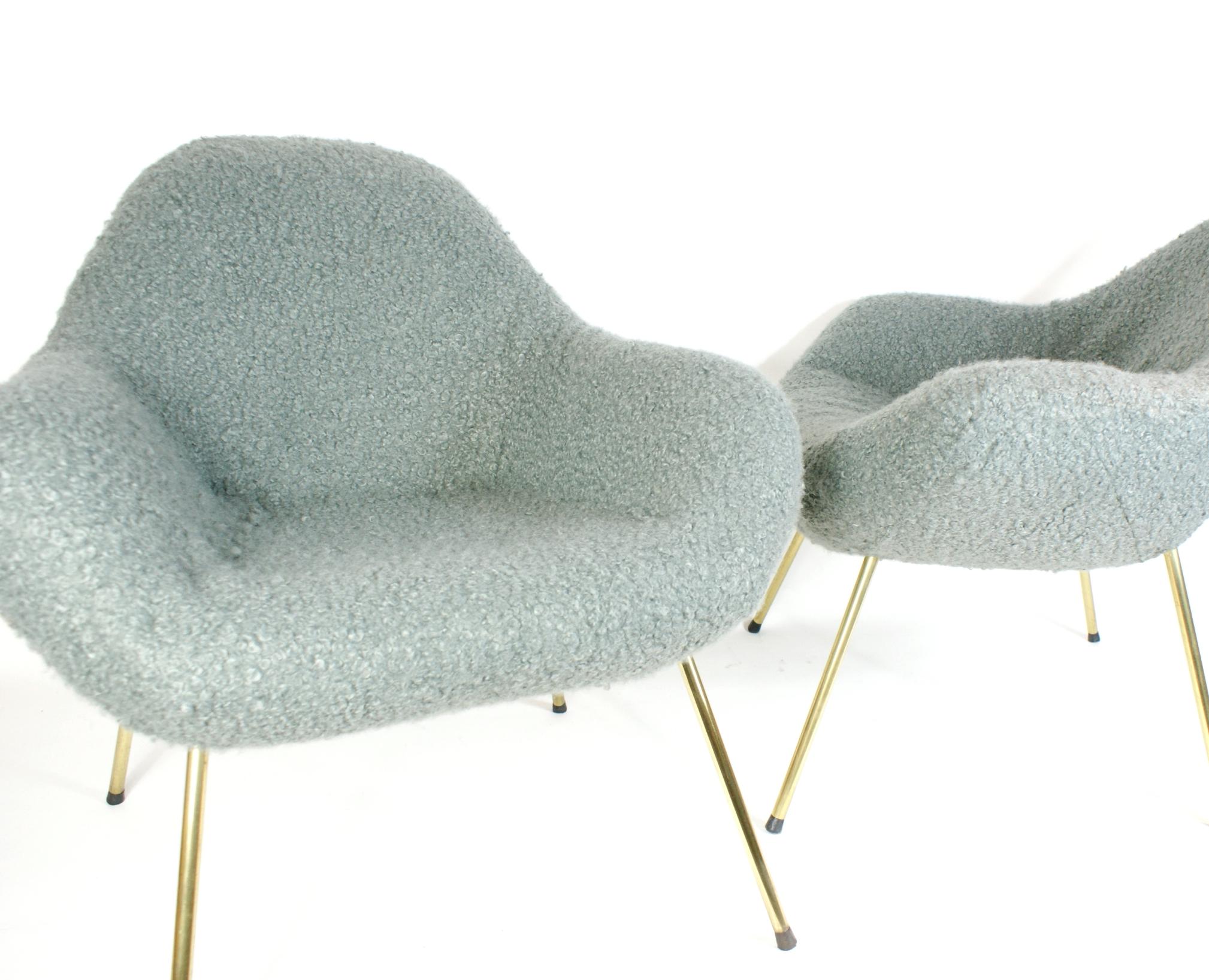 Timeless 1950s ball lounge chairs, designed by Fritz Neth. The chairs have been freshly restored by our upholstery. New foam and high-quality sheep wool fabric in light grey, beautifully contrasting with the brass legs. Very good general condition