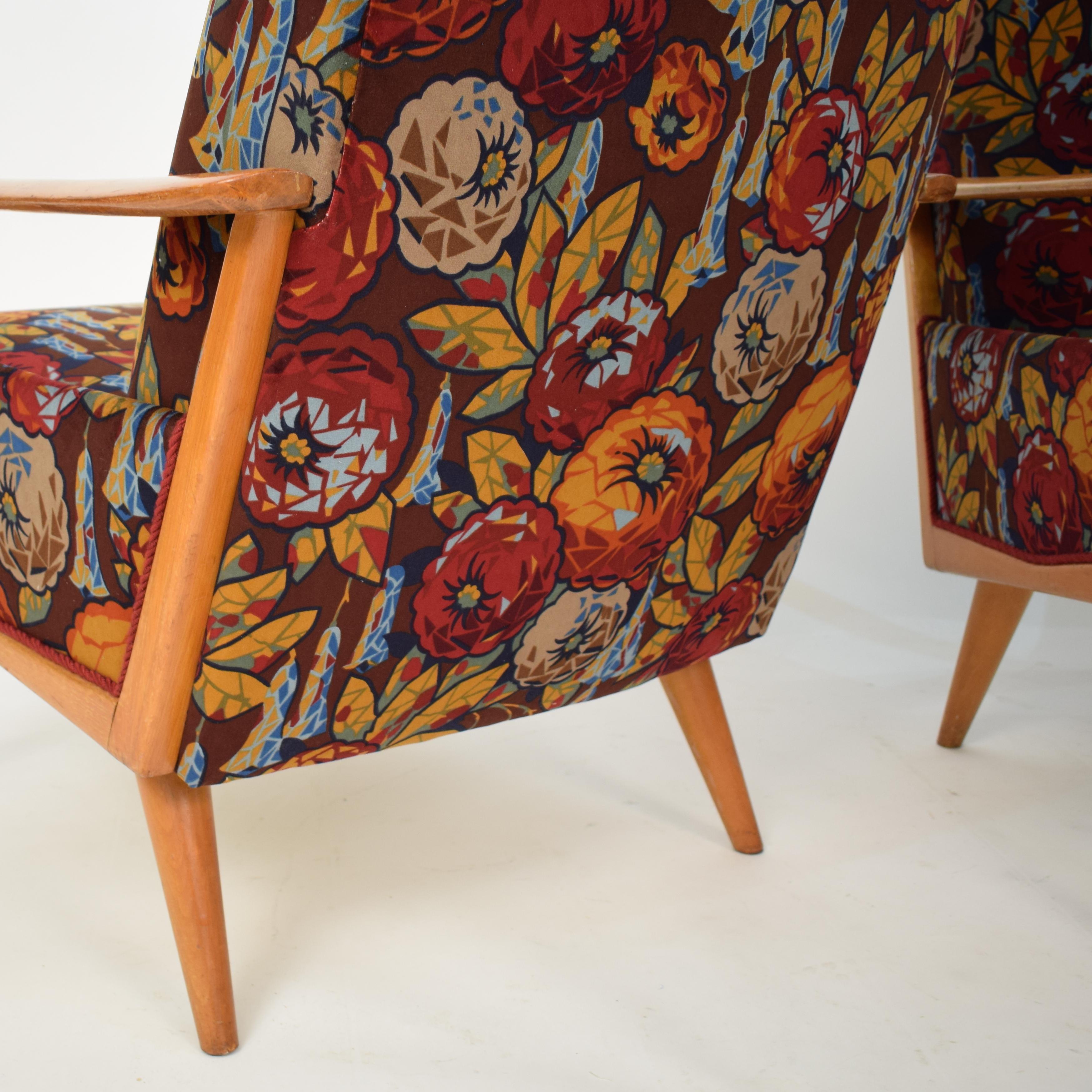 Lacquered Midcentury Italian Armchairs in Beech and Upholstered Flower Velvet, 1950, Pair