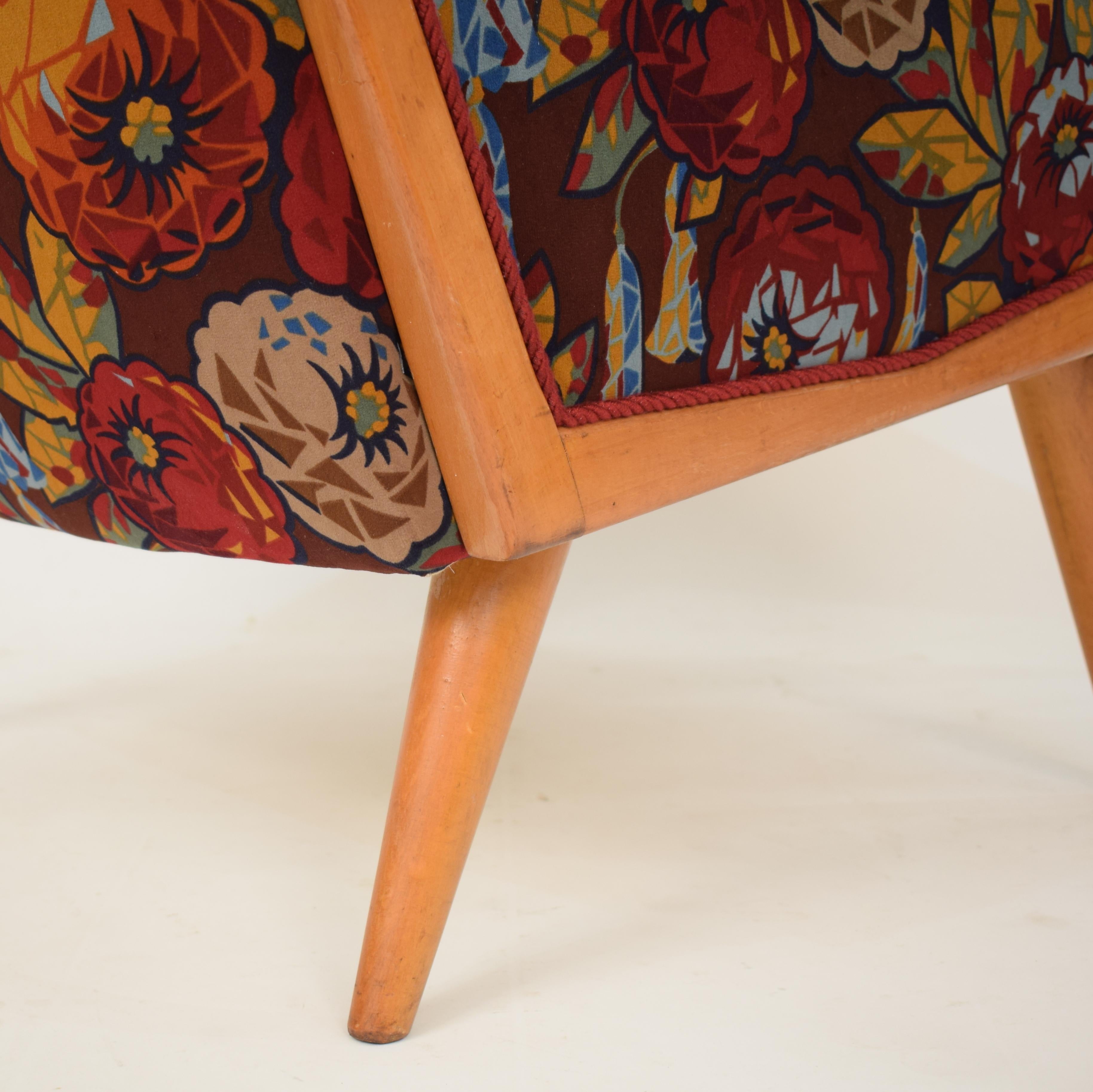 Upholstery Midcentury Italian Armchairs in Beech and Upholstered Flower Velvet, 1950, Pair