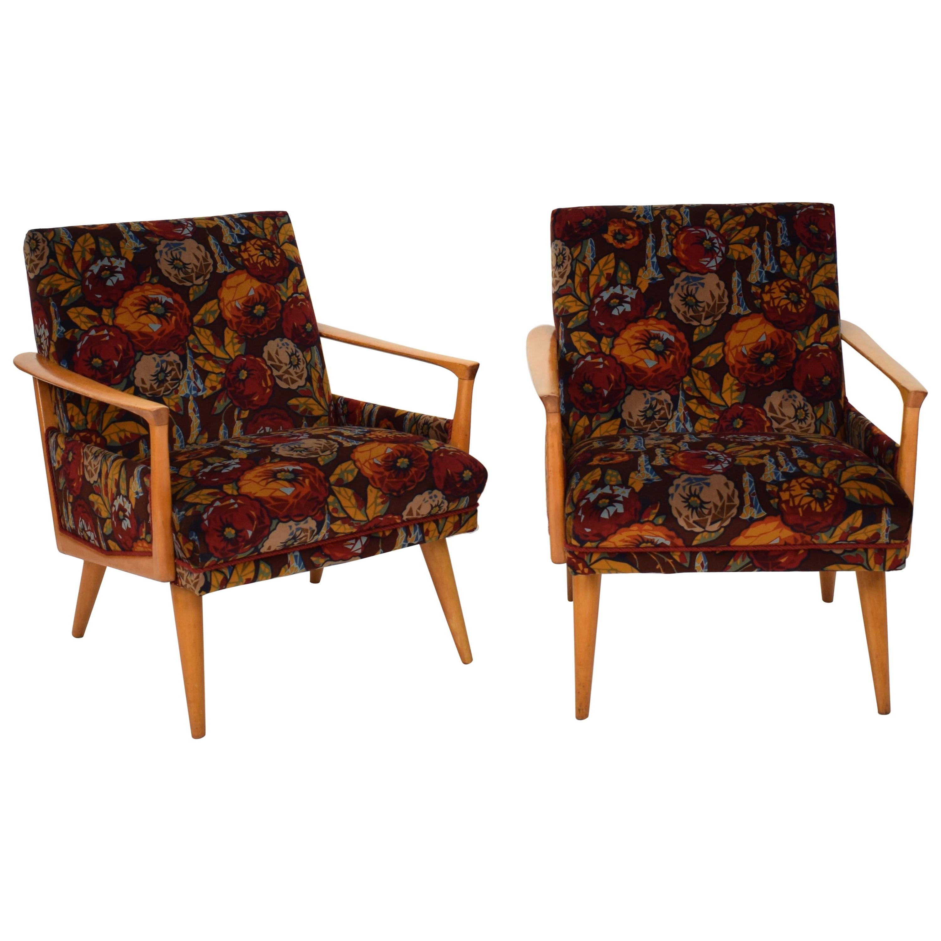 Midcentury Italian Armchairs in Beech and Upholstered Flower Velvet, 1950, Pair