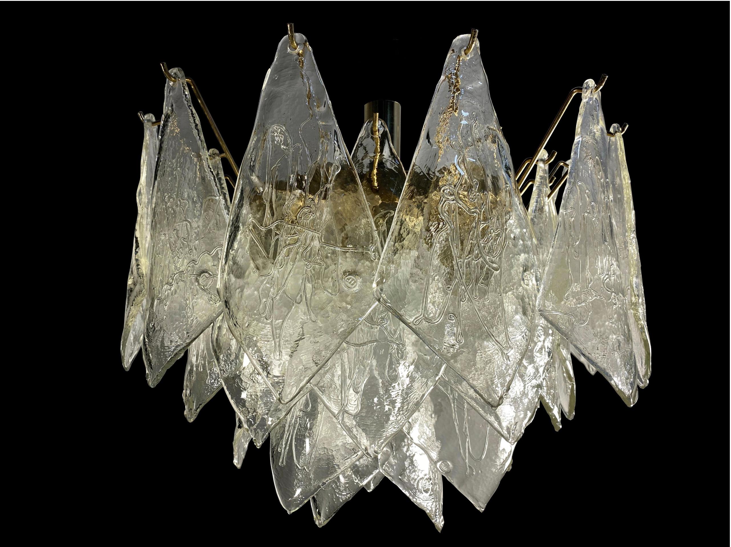 Brutalist Pair Midcentury Italian Glass Chandeliers, Murano, 1980 For Sale