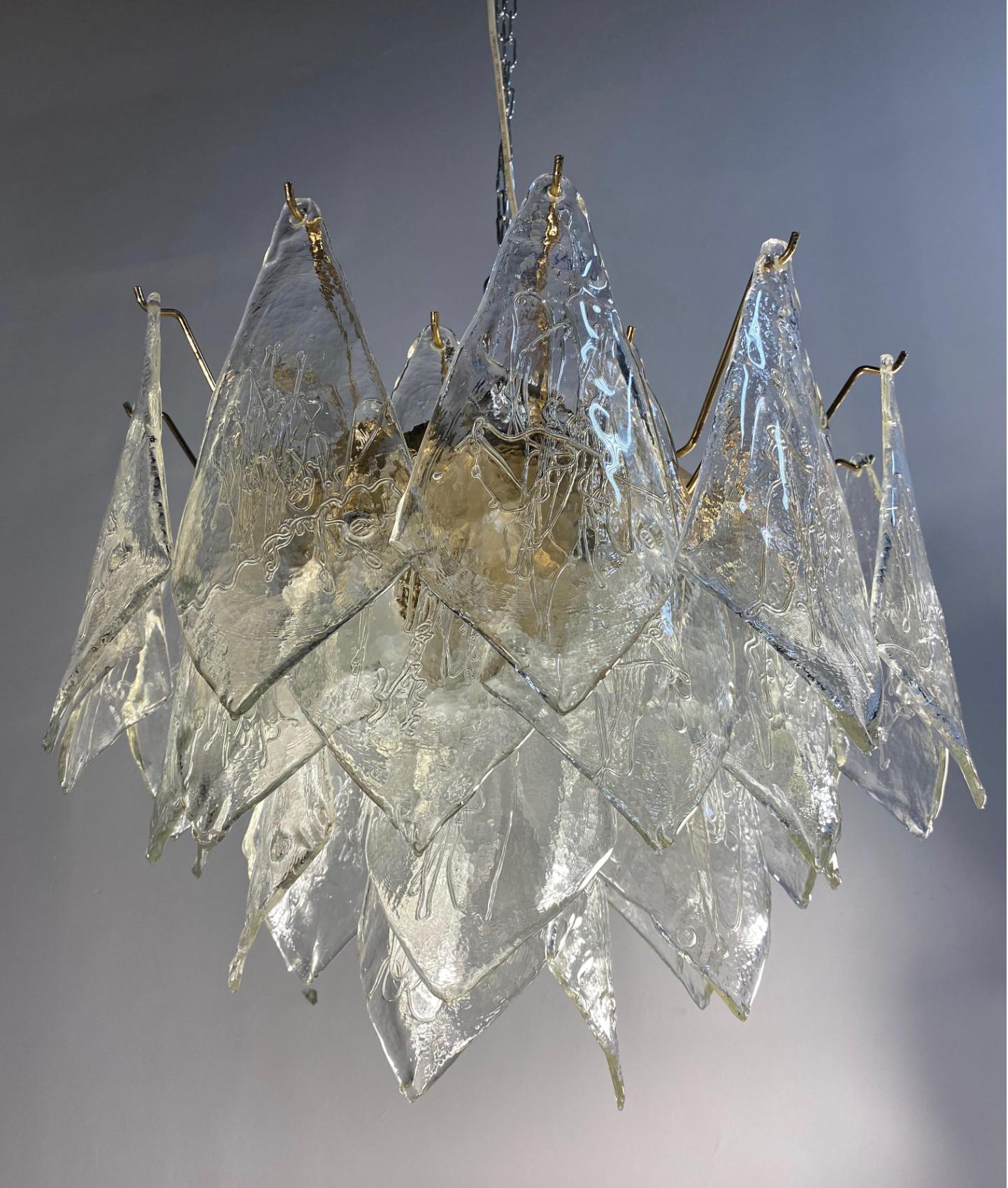 Late 20th Century Pair Midcentury Italian Glass Chandeliers, Murano, 1980 For Sale