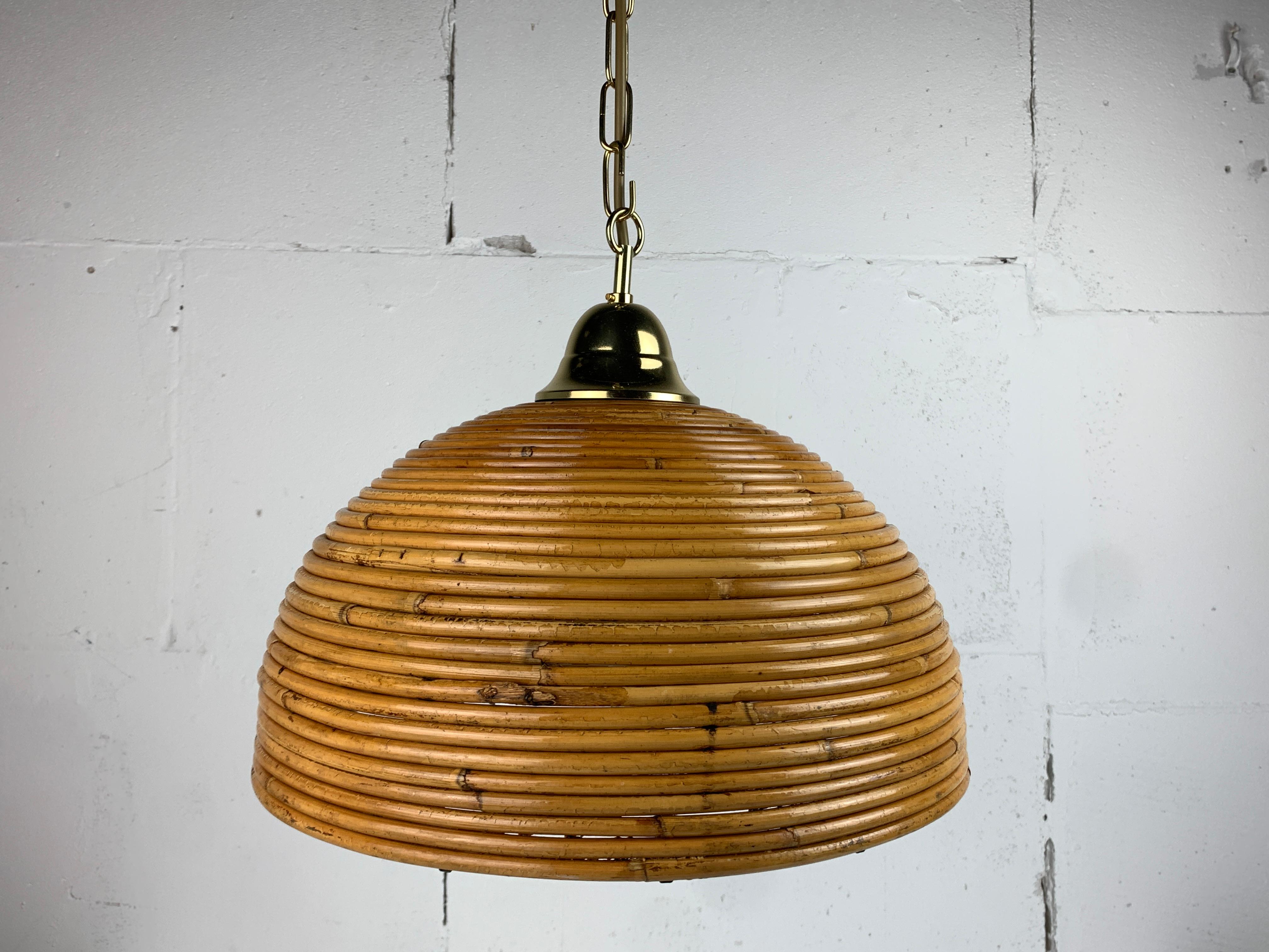 Pair midcentury Italian pencil reed rattan bamboo and brass hanging lamps, 1970s 3
