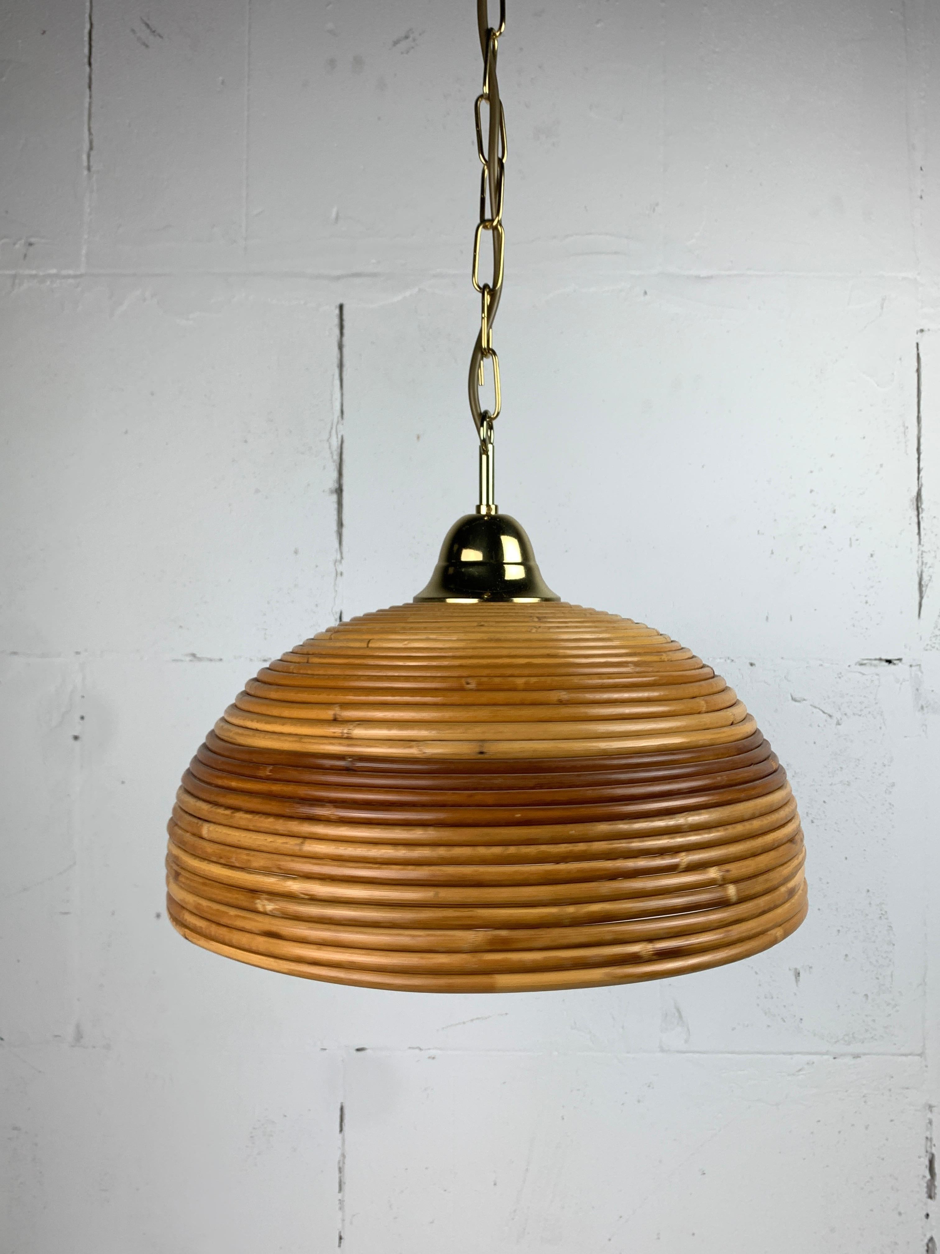 Pair midcentury Italian pencil reed rattan bamboo and brass hanging lamps, 1970s 4
