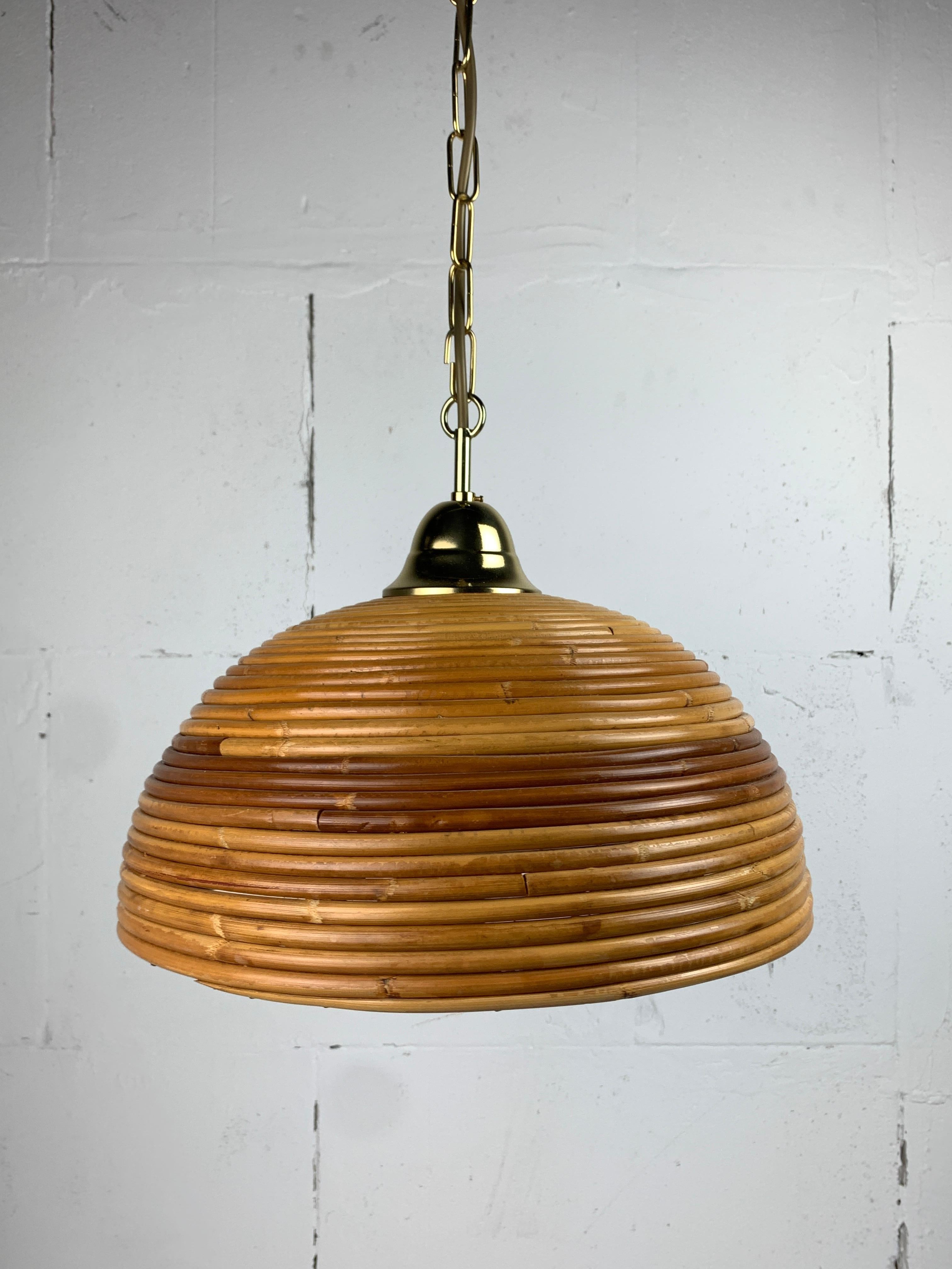 Pair midcentury Italian pencil reed rattan bamboo and brass hanging lamps, 1970s 5