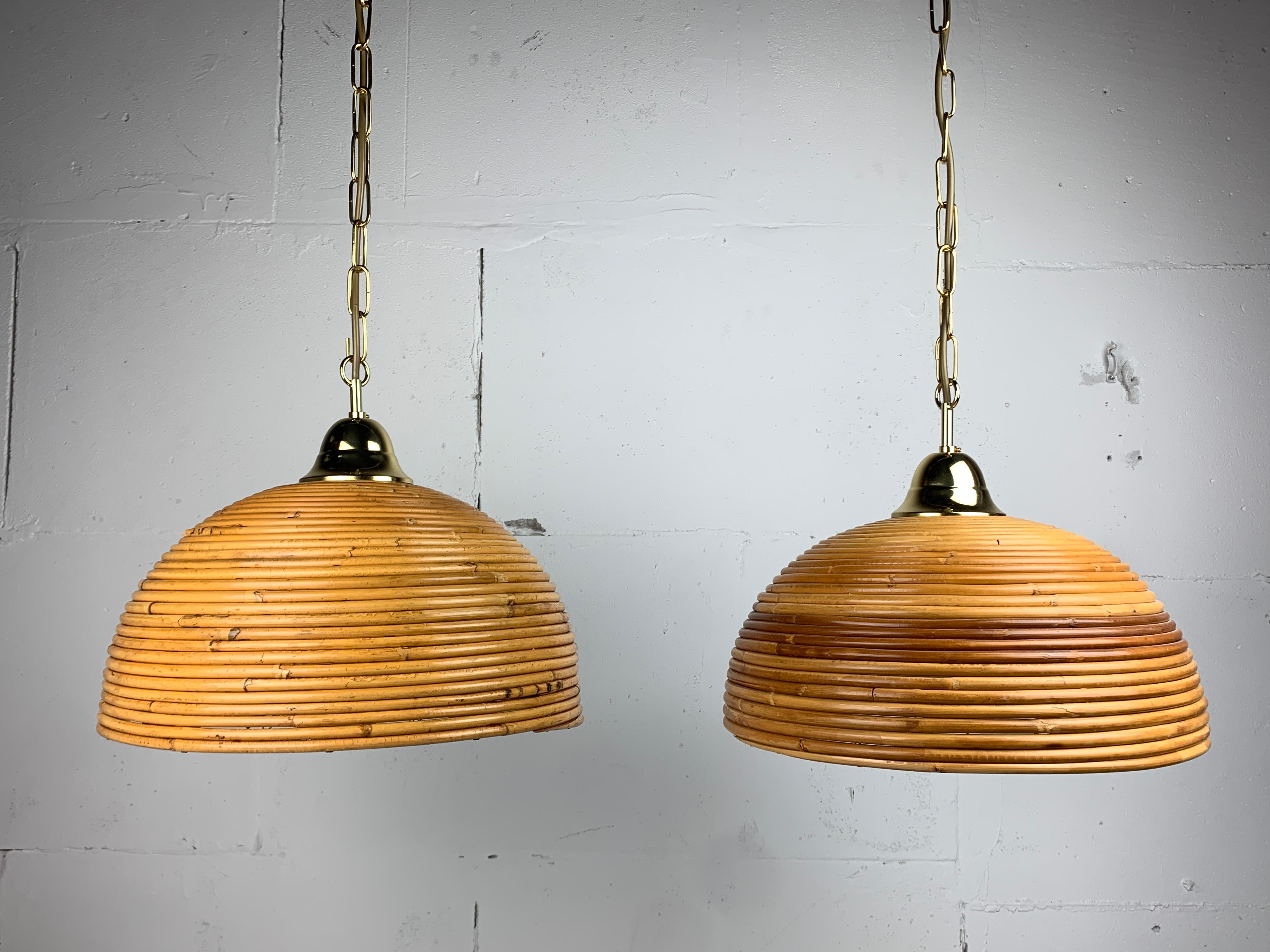 Pair midcentury Italian pencil reed rattan bamboo and brass hanging lamps, 1970s 6
