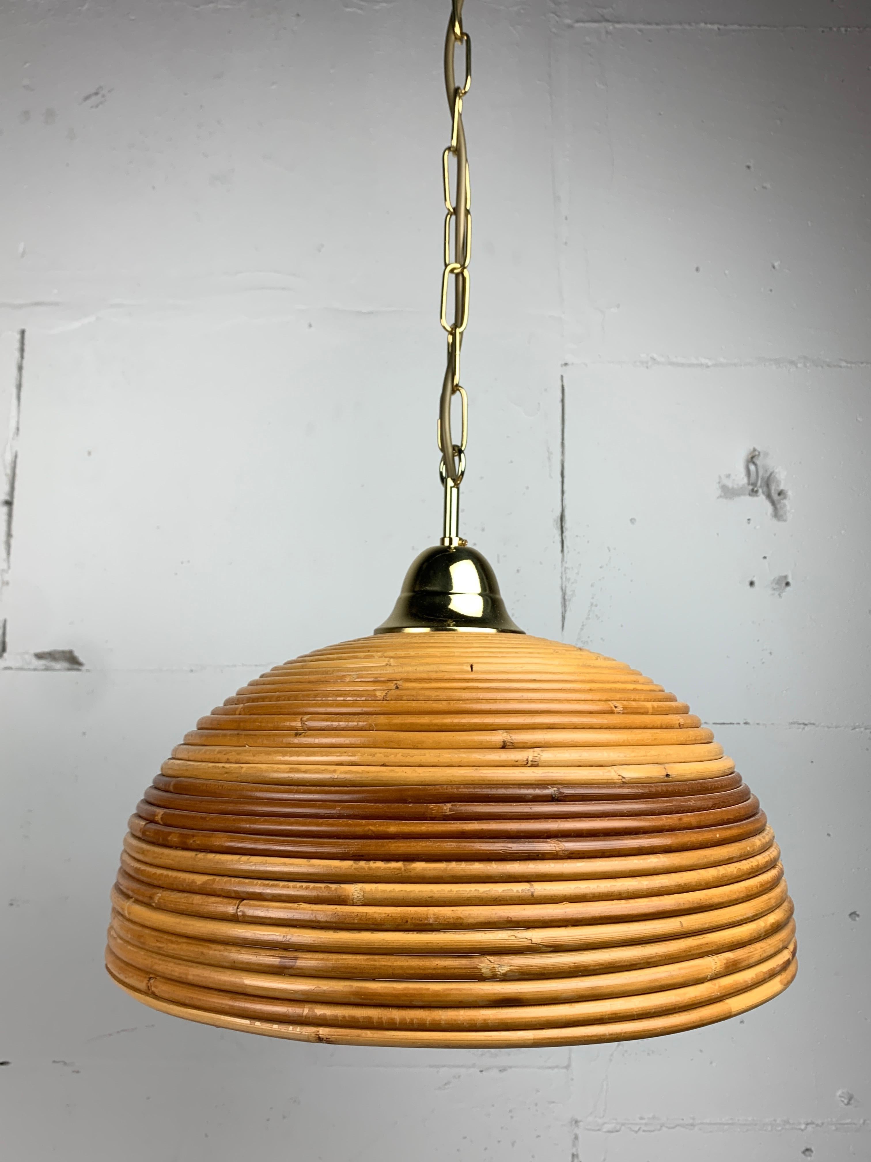 Pair midcentury Italian pencil reed rattan bamboo and brass hanging lamps, 1970s 7