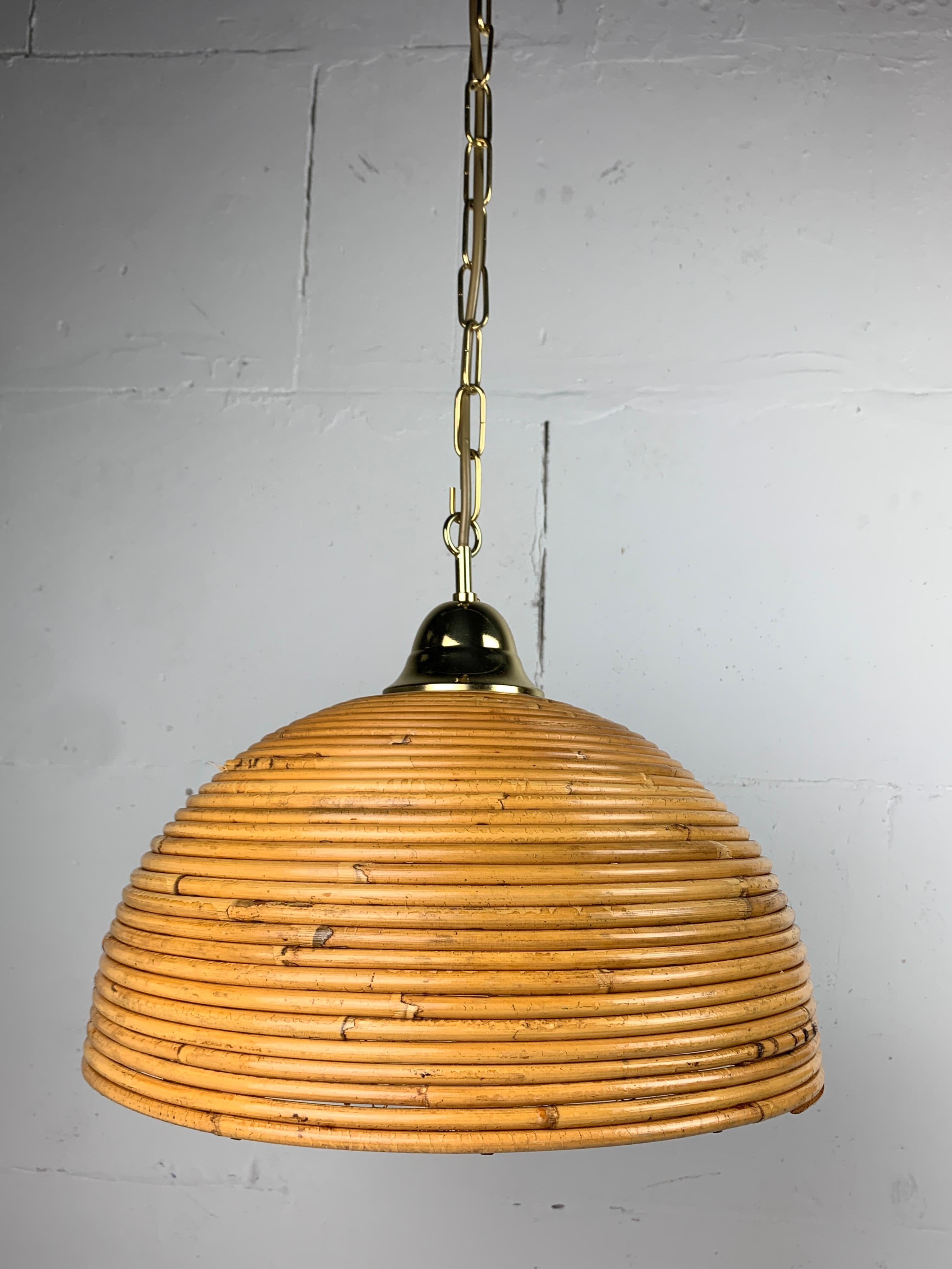 Pair midcentury Italian pencil reed rattan bamboo and brass hanging lamps, 1970s 8