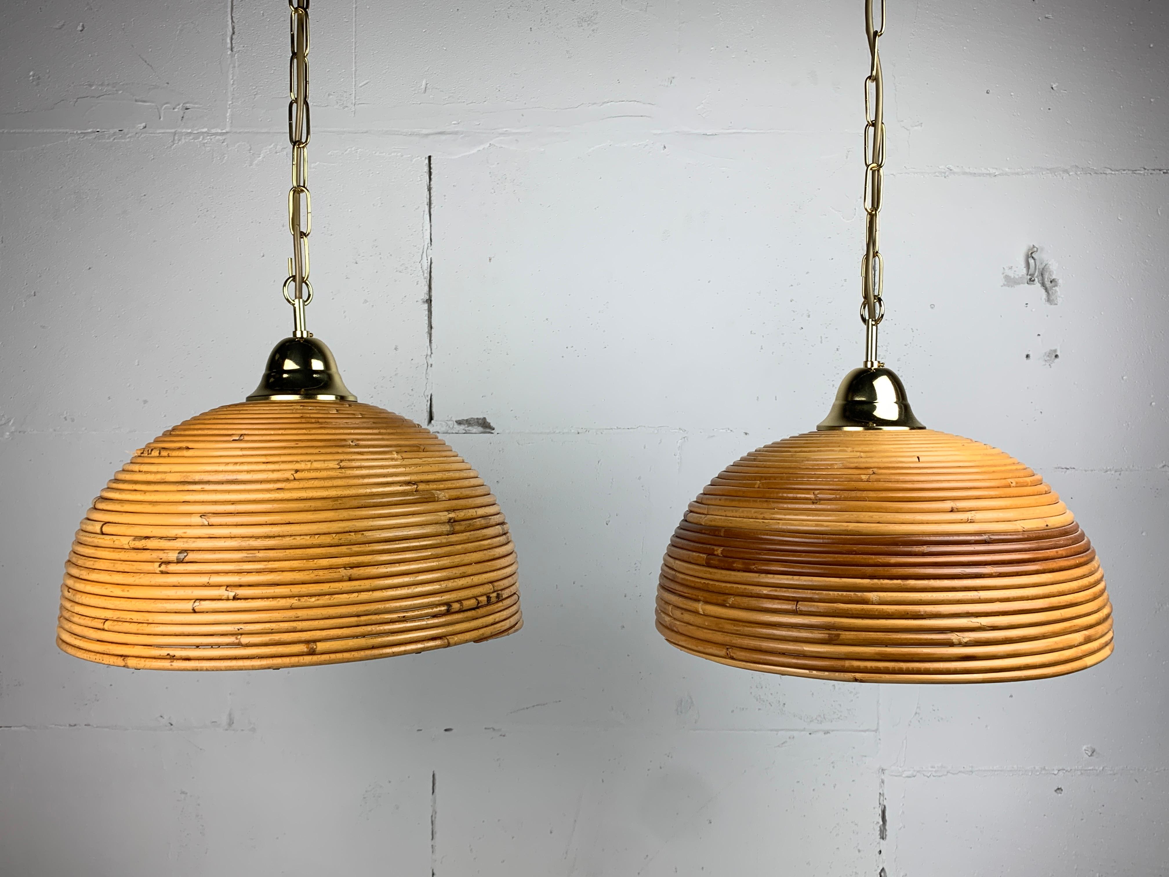 Pair midcentury Italian pencil reed rattan bamboo and brass hanging lamps, 1970s 9