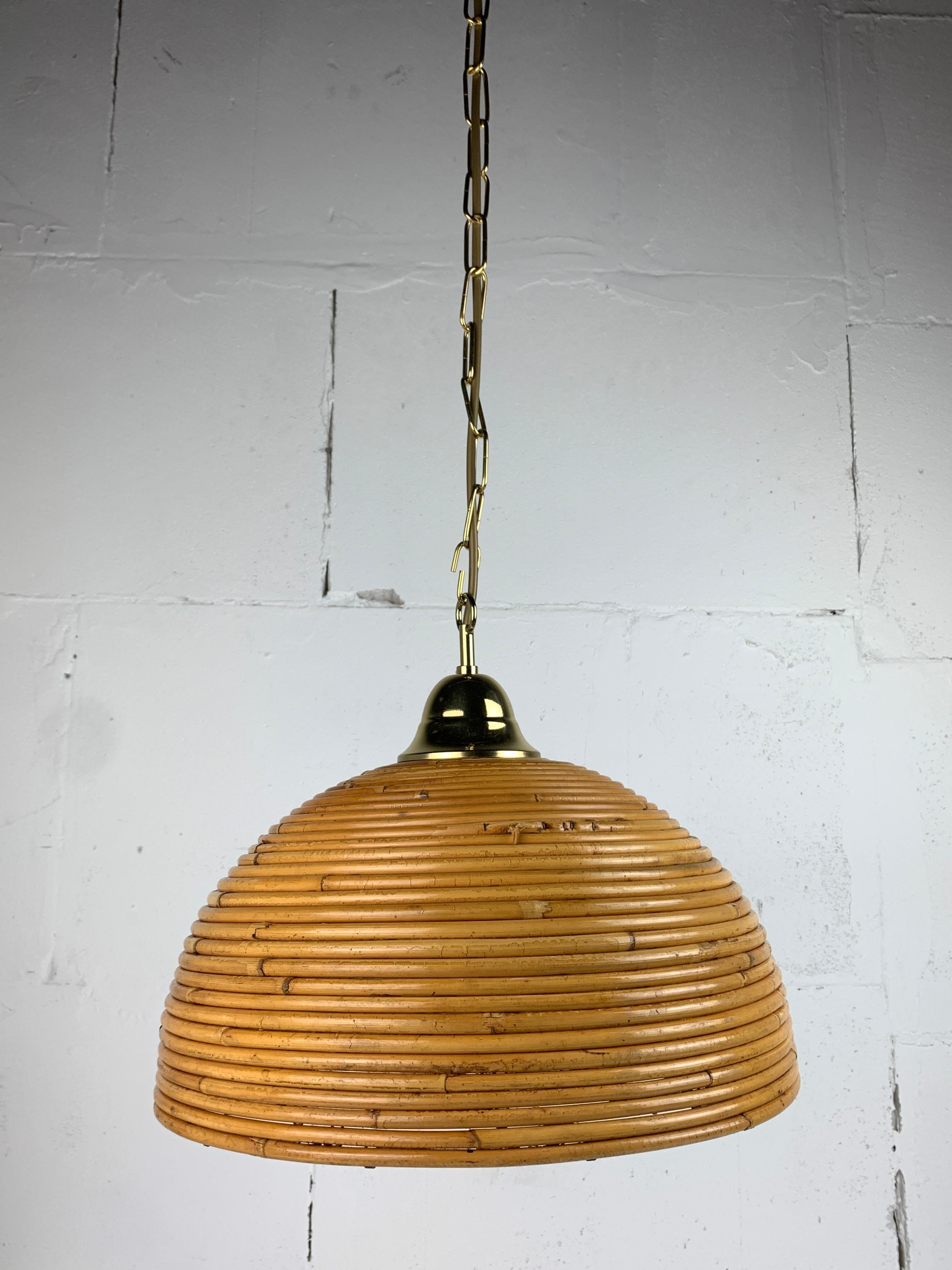 Pair midcentury Italian pencil reed rattan bamboo and brass hanging lamps, 1970s 2