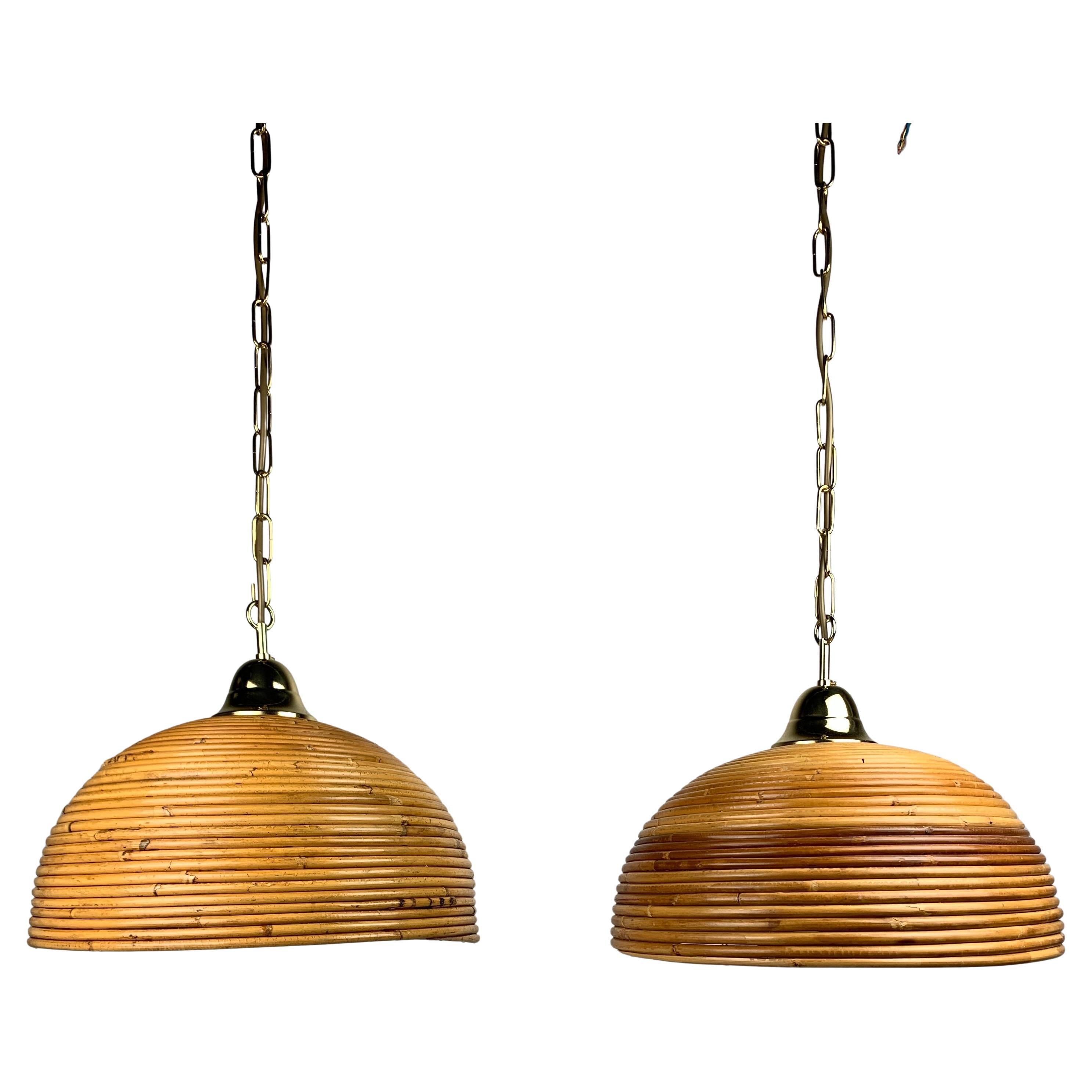 Pair midcentury Italian pencil reed rattan bamboo and brass hanging lamps, 1970s