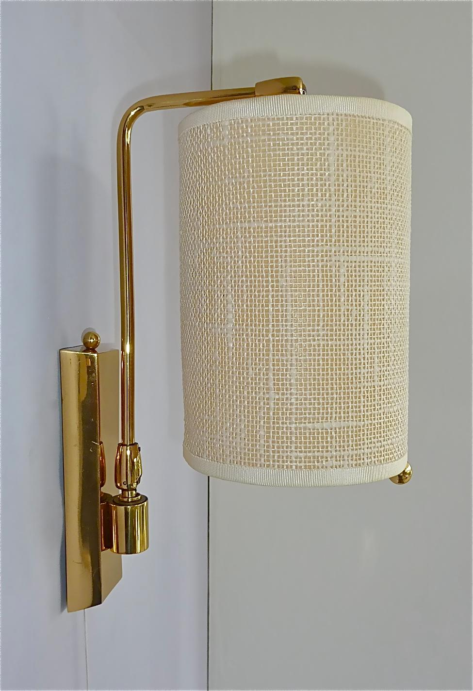 Pair Midcentury Kalmar Sconces Paavo Tynell Style Brass Linen Tube Shades 1950s  For Sale 3