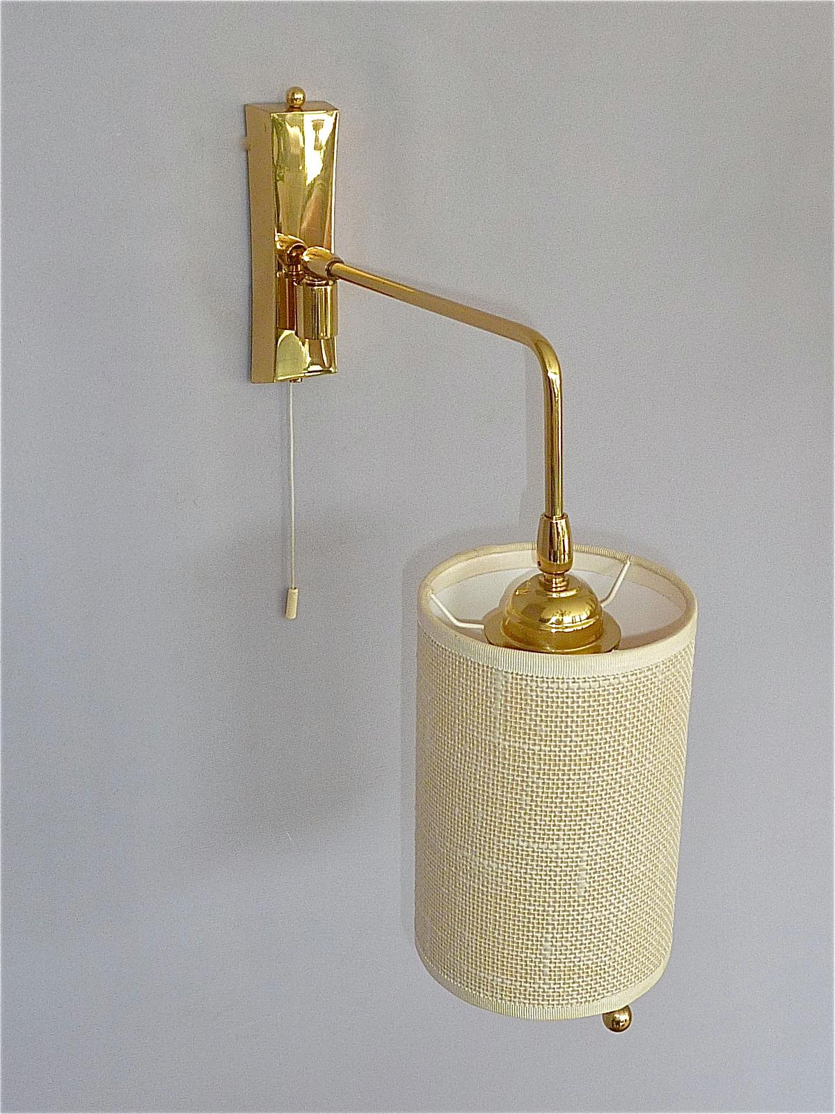Pair Midcentury Kalmar Sconces Paavo Tynell Style Brass Linen Tube Shades 1950s  For Sale 4
