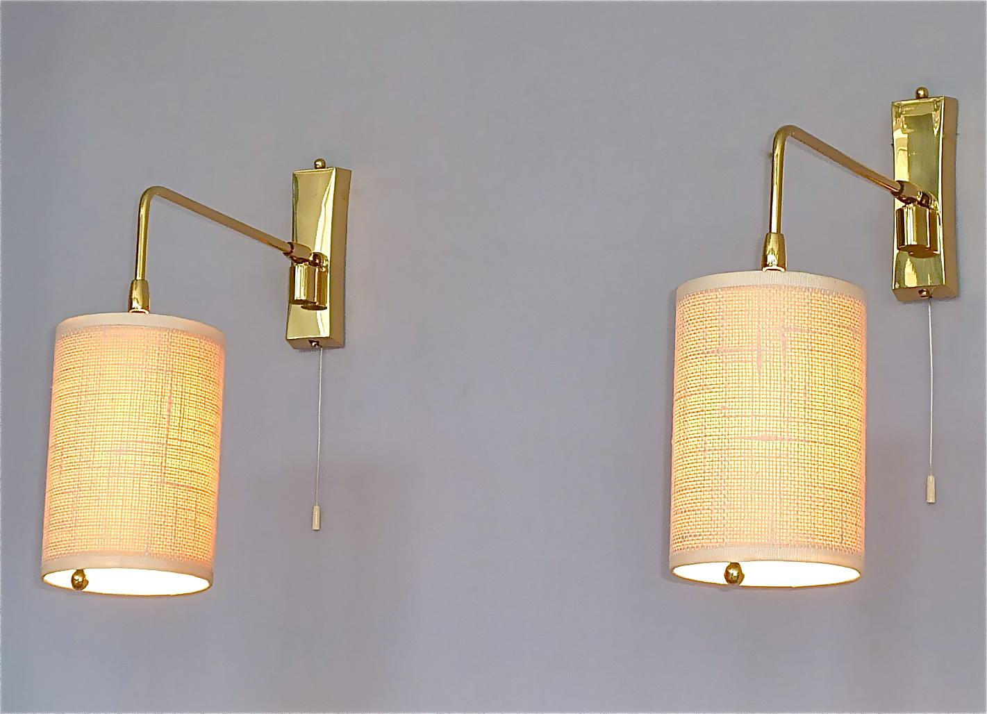 Pair Midcentury Kalmar Sconces Paavo Tynell Style Brass Linen Tube Shades 1950s  For Sale 5