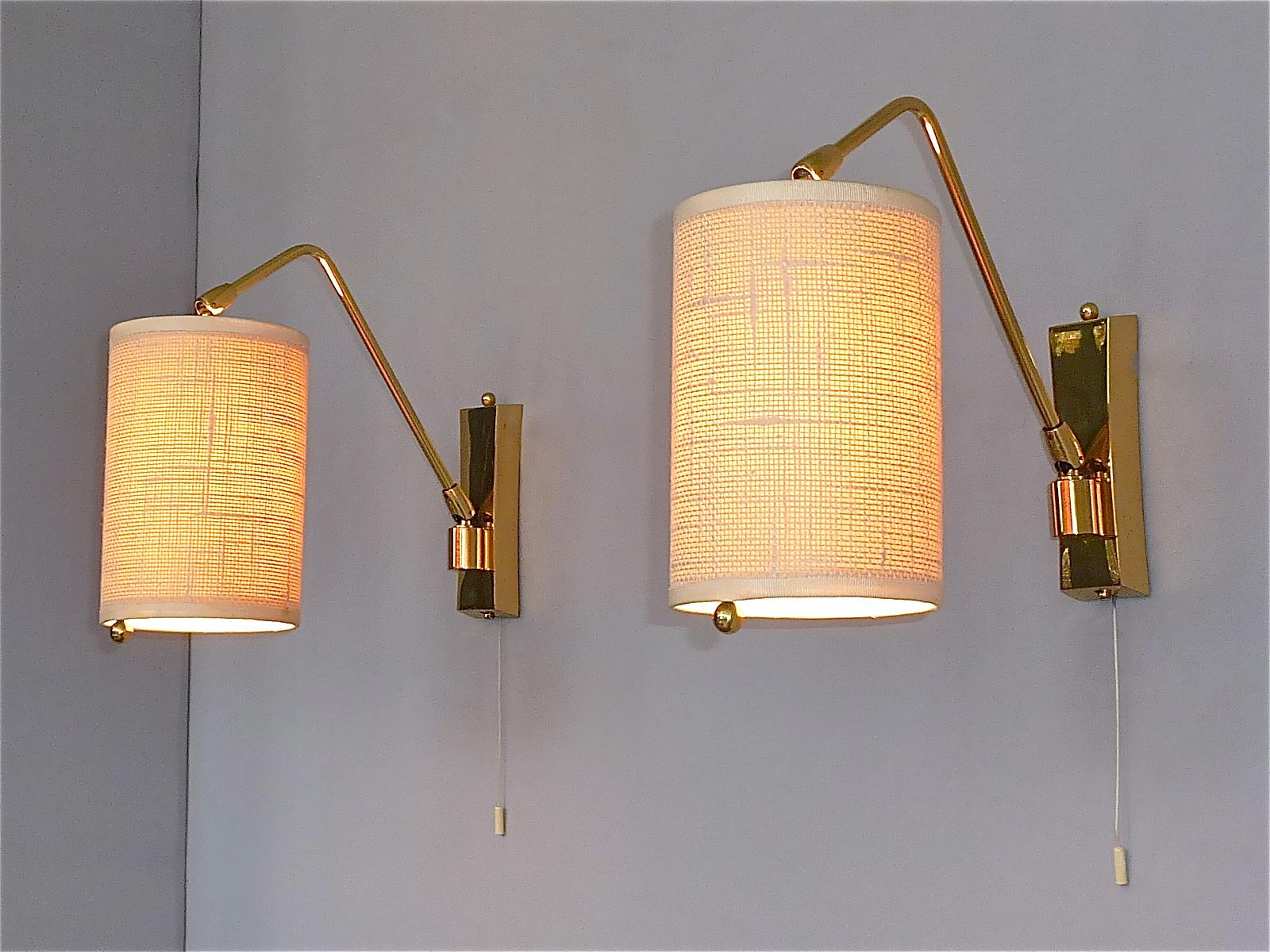 Pair Midcentury Kalmar Sconces Paavo Tynell Style Brass Linen Tube Shades 1950s  For Sale 9