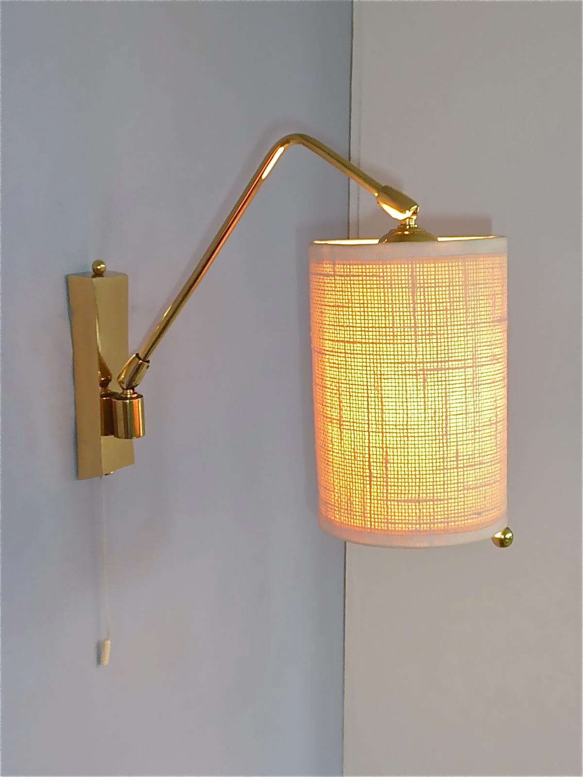 Pair Midcentury Kalmar Sconces Paavo Tynell Style Brass Linen Tube Shades 1950s  For Sale 10