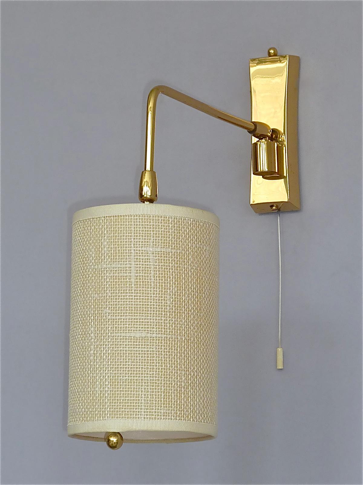 Scandinavian Modern Pair Midcentury Kalmar Sconces Paavo Tynell Style Brass Linen Tube Shades 1950s  For Sale