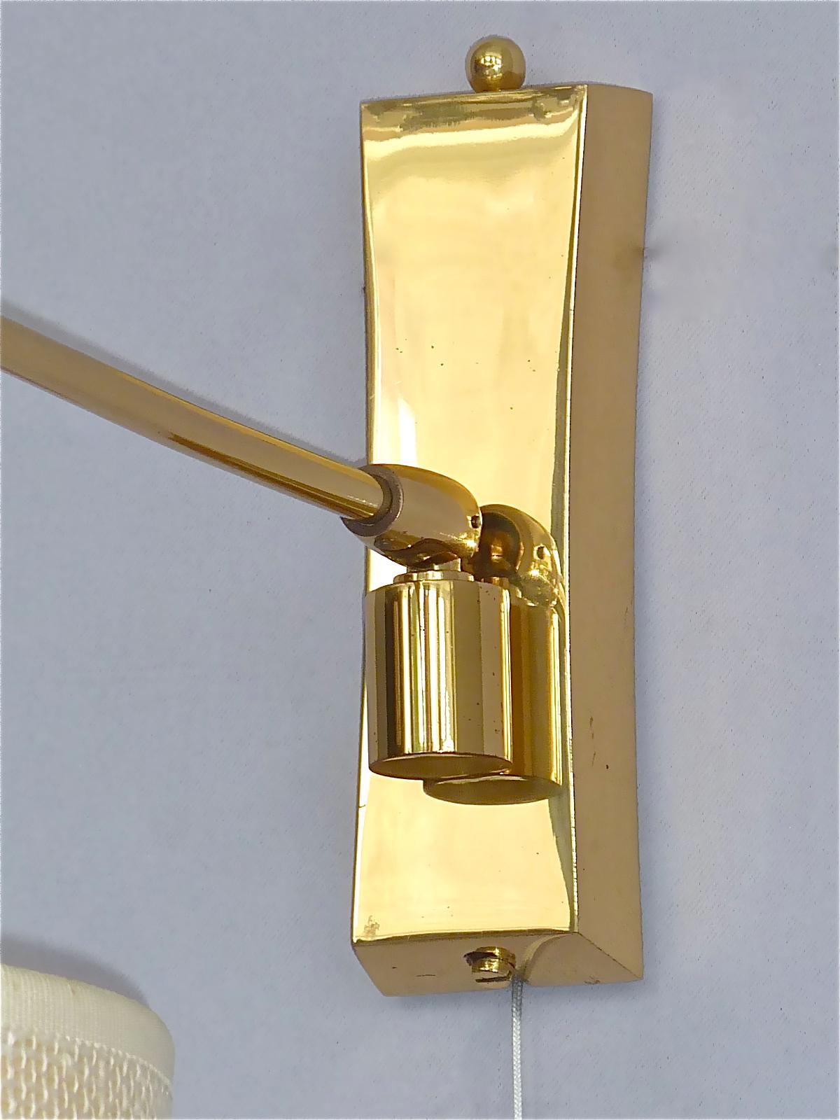 Gilt Pair Midcentury Kalmar Sconces Paavo Tynell Style Brass Linen Tube Shades 1950s  For Sale