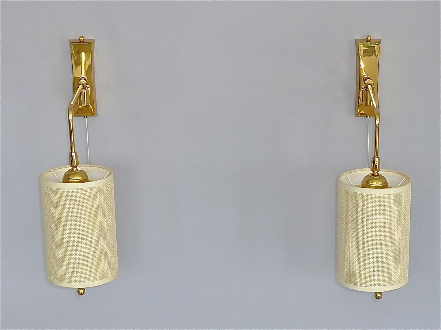 Pair Midcentury Kalmar Sconces Paavo Tynell Style Brass Linen Tube Shades 1950s  In Good Condition For Sale In Nierstein am Rhein, DE