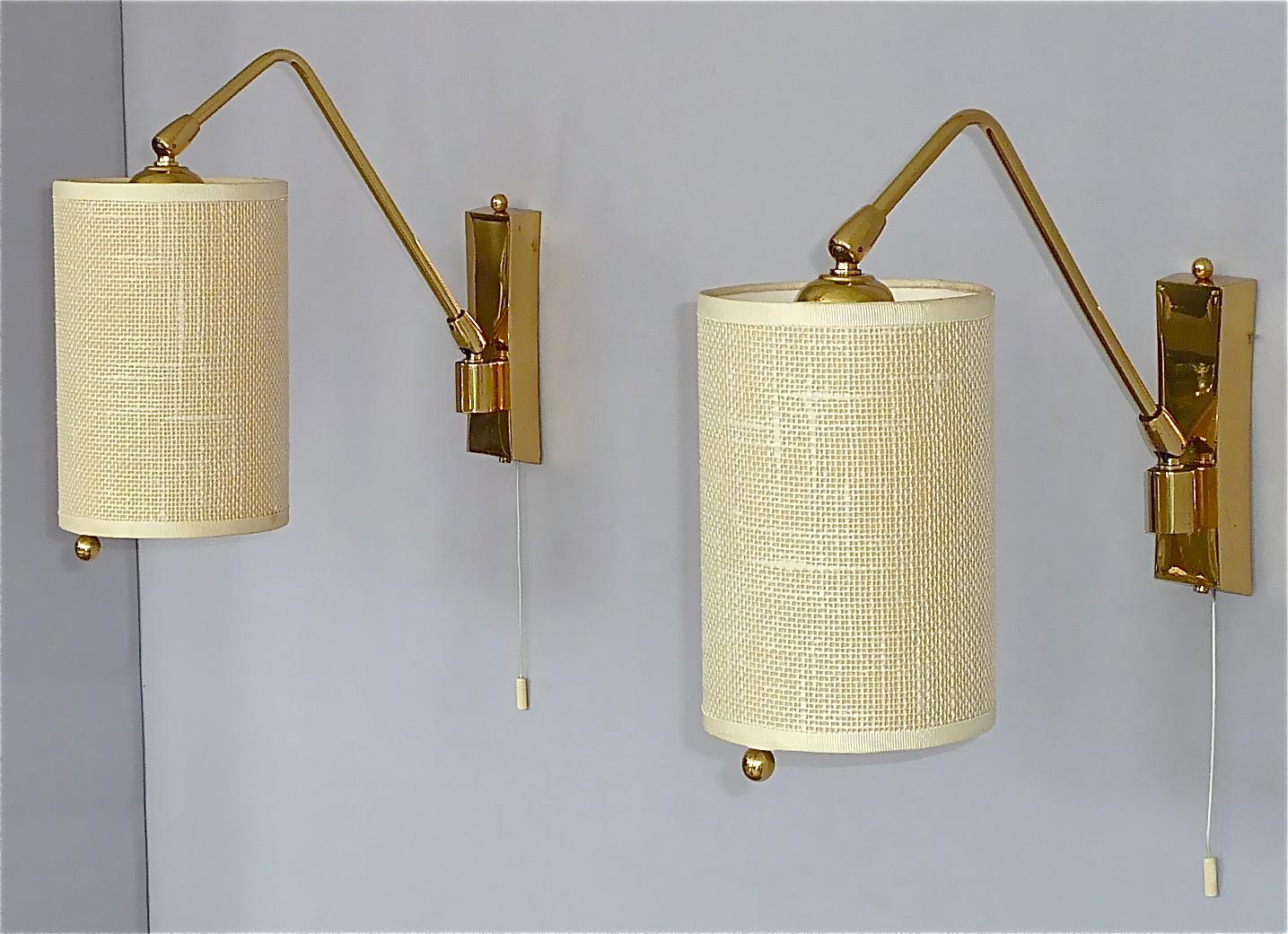 Mid-20th Century Pair Midcentury Kalmar Sconces Paavo Tynell Style Brass Linen Tube Shades 1950s  For Sale