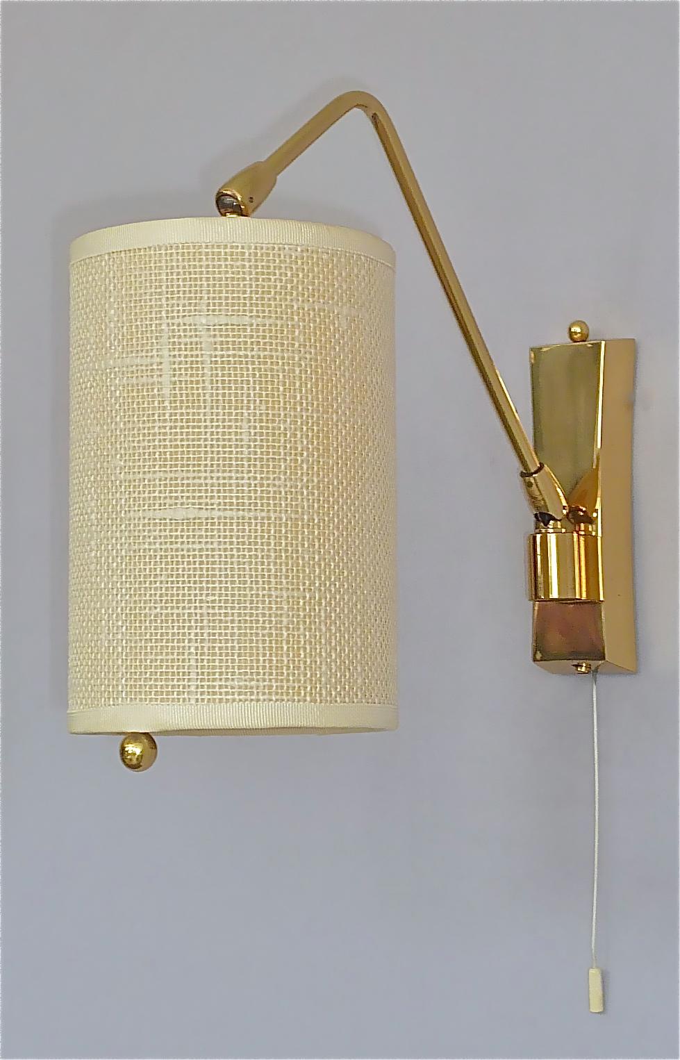 Pair Midcentury Kalmar Sconces Paavo Tynell Style Brass Linen Tube Shades 1950s  For Sale 1
