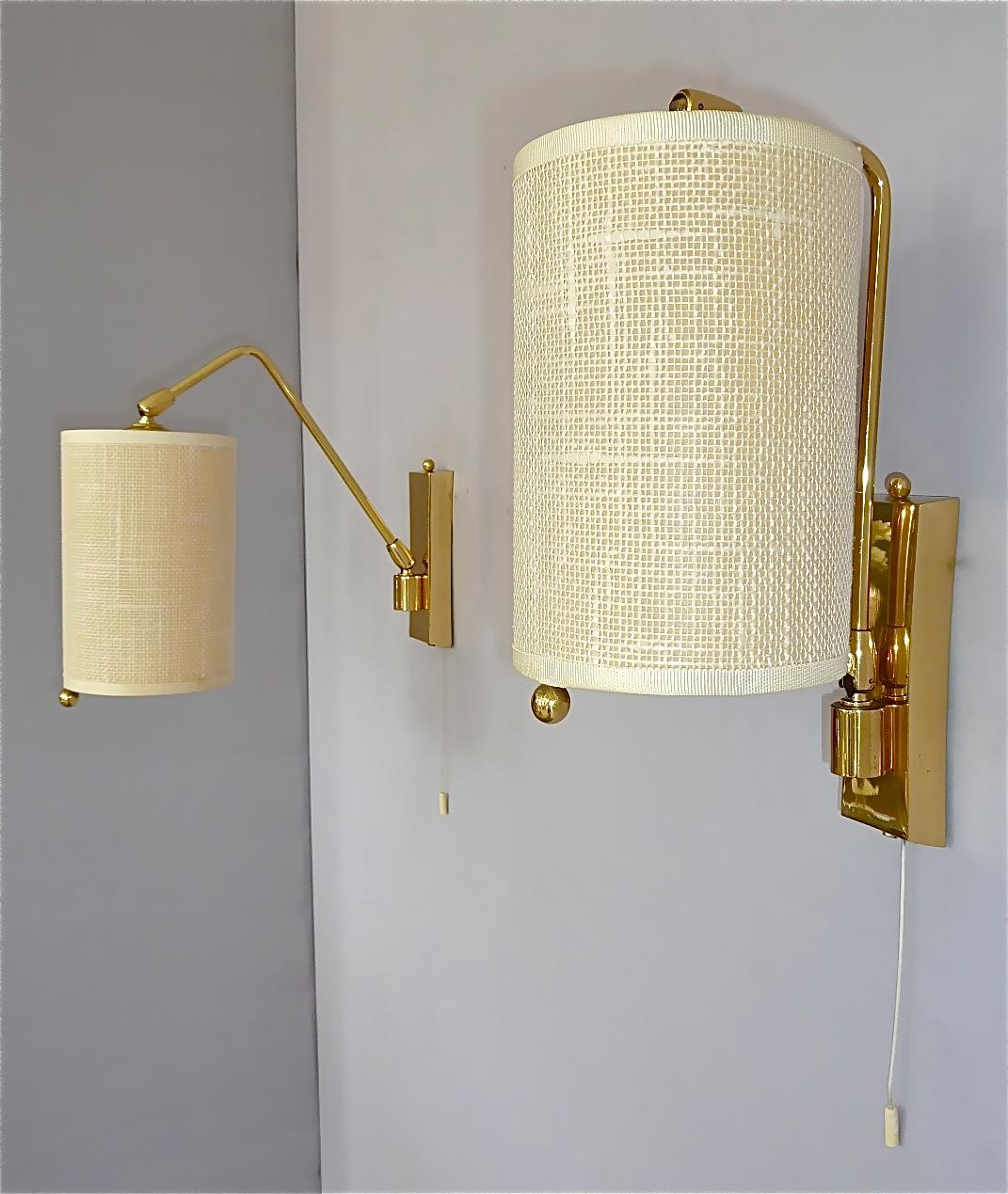 Pair Midcentury Kalmar Sconces Paavo Tynell Style Brass Linen Tube Shades 1950s  For Sale 2