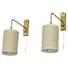 Pair Midcentury Kalmar Sconces Paavo Tynell Style Brass Linen Tube Shades 1950s