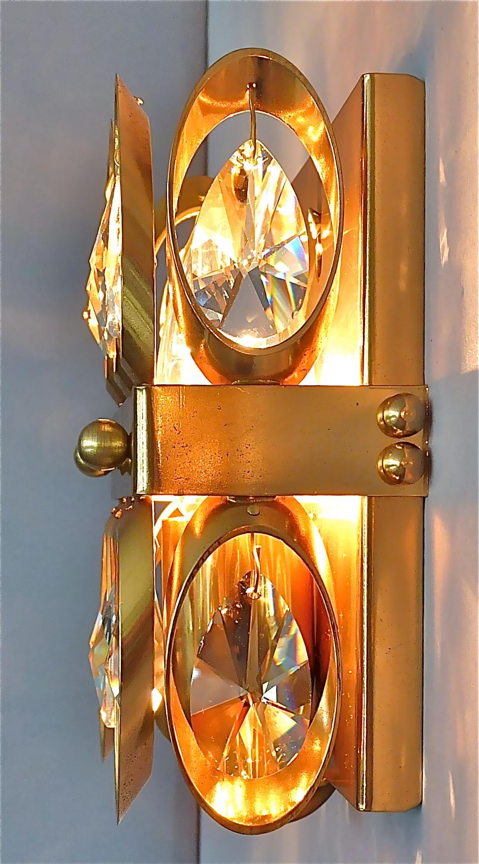 Midcentury Lobmeyr or Palwa Gilt Brass Faceted Crystal Glass Sconces 1960s, Pair For Sale 7