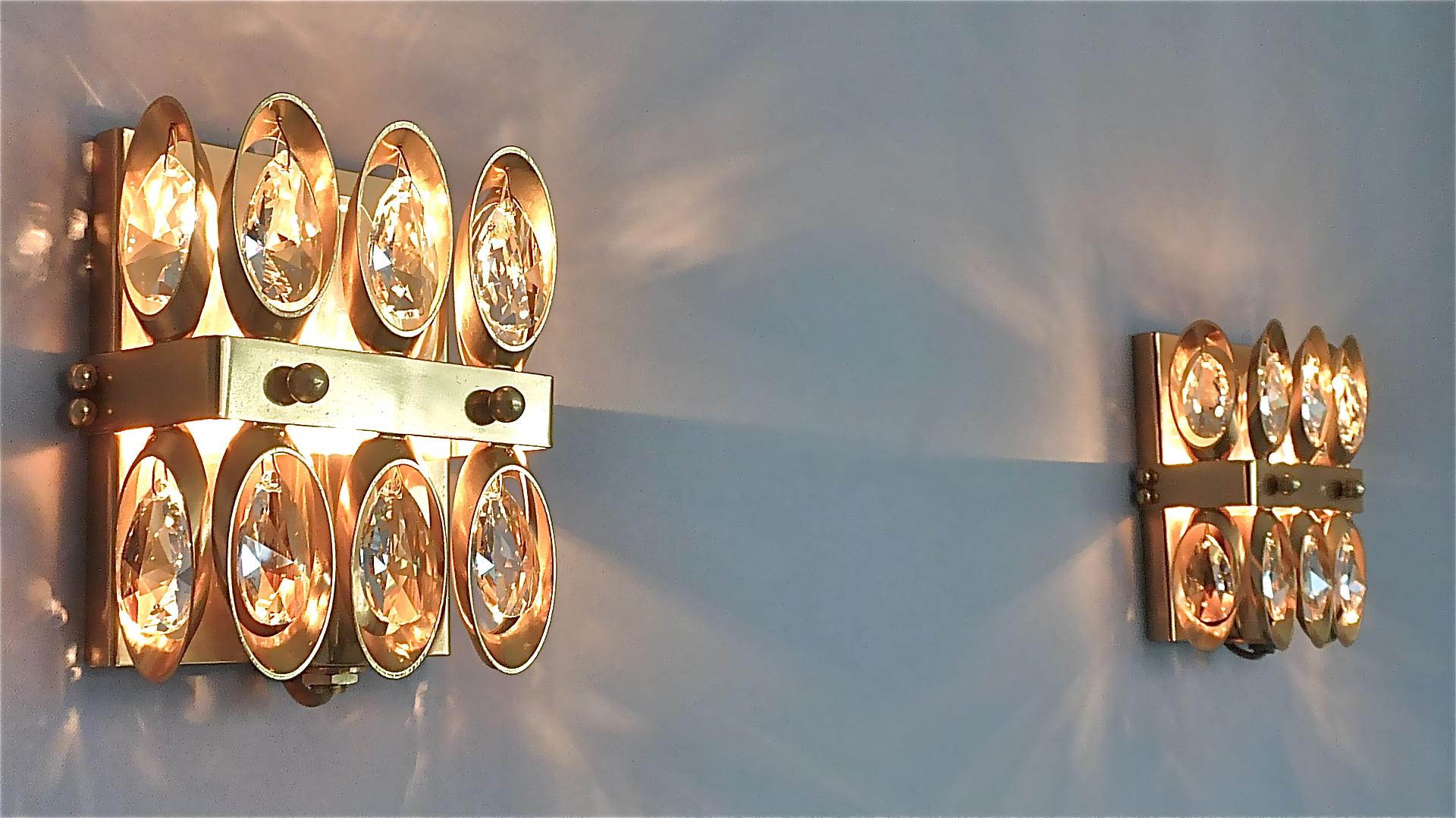 Midcentury Lobmeyr or Palwa Gilt Brass Faceted Crystal Glass Sconces 1960s, Pair For Sale 10