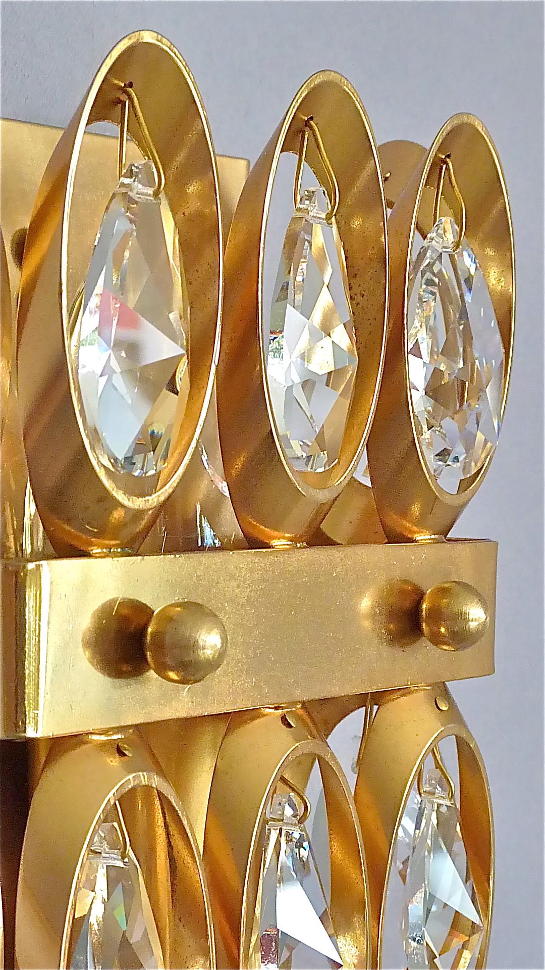 Hollywood Regency Midcentury Lobmeyr or Palwa Gilt Brass Faceted Crystal Glass Sconces 1960s, Pair For Sale
