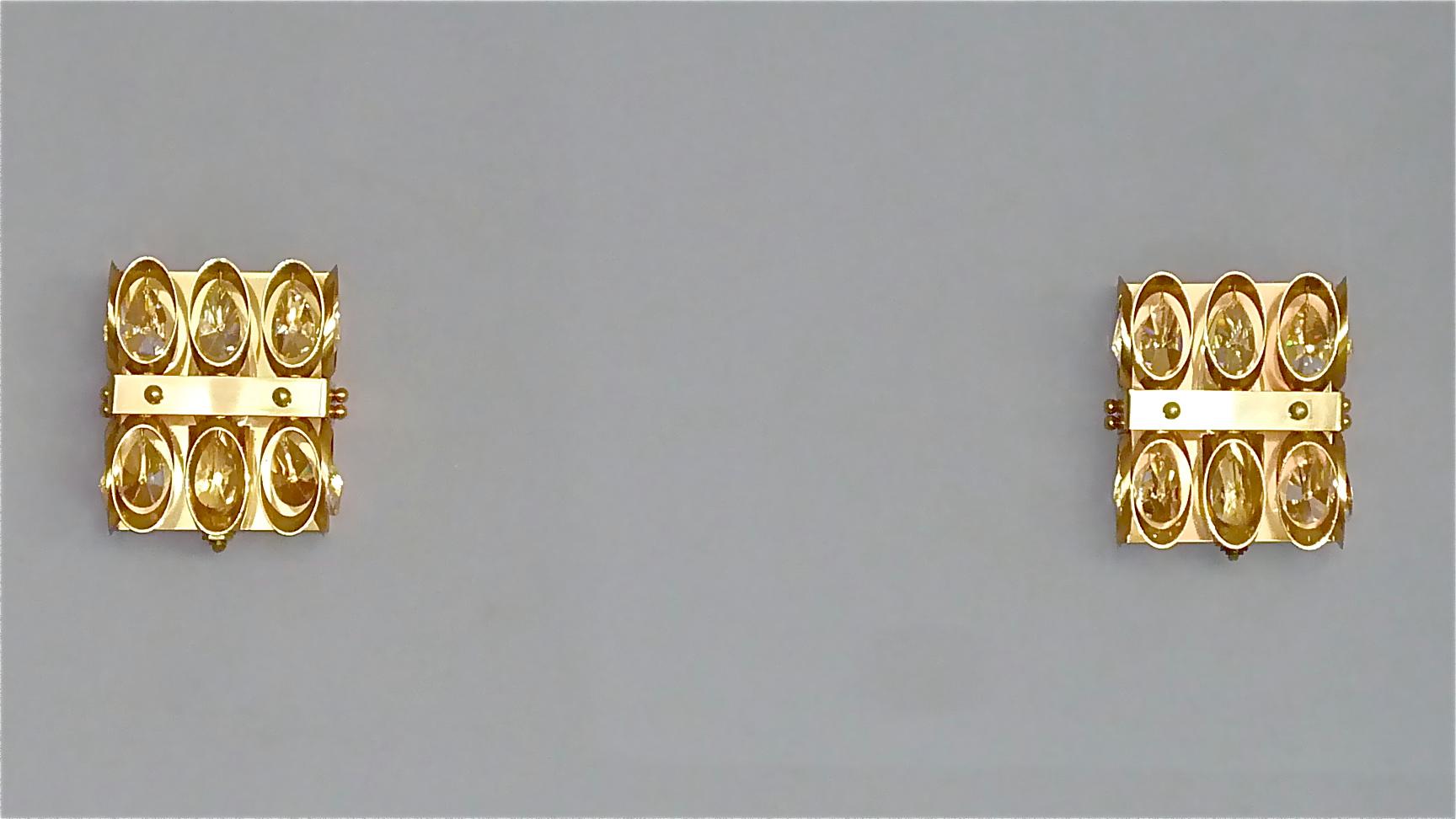Midcentury Lobmeyr or Palwa Gilt Brass Faceted Crystal Glass Sconces 1960s, Pair For Sale 1