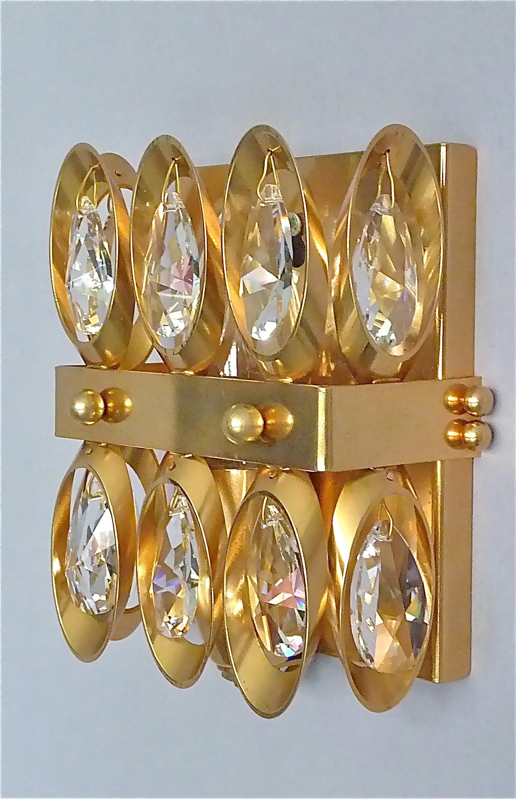 Midcentury Lobmeyr or Palwa Gilt Brass Faceted Crystal Glass Sconces 1960s, Pair For Sale 2