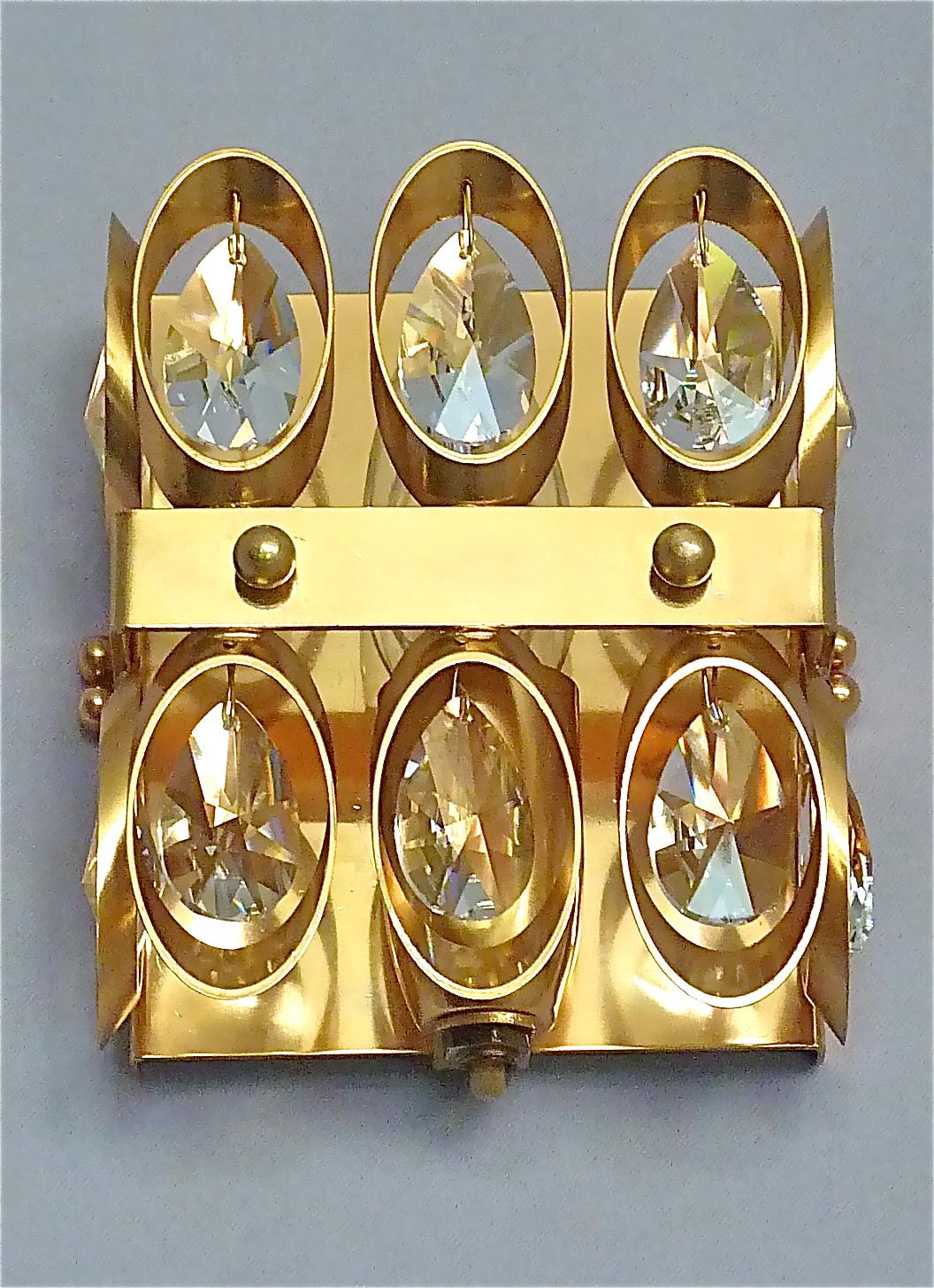 Midcentury Lobmeyr or Palwa Gilt Brass Faceted Crystal Glass Sconces 1960s, Pair For Sale 3