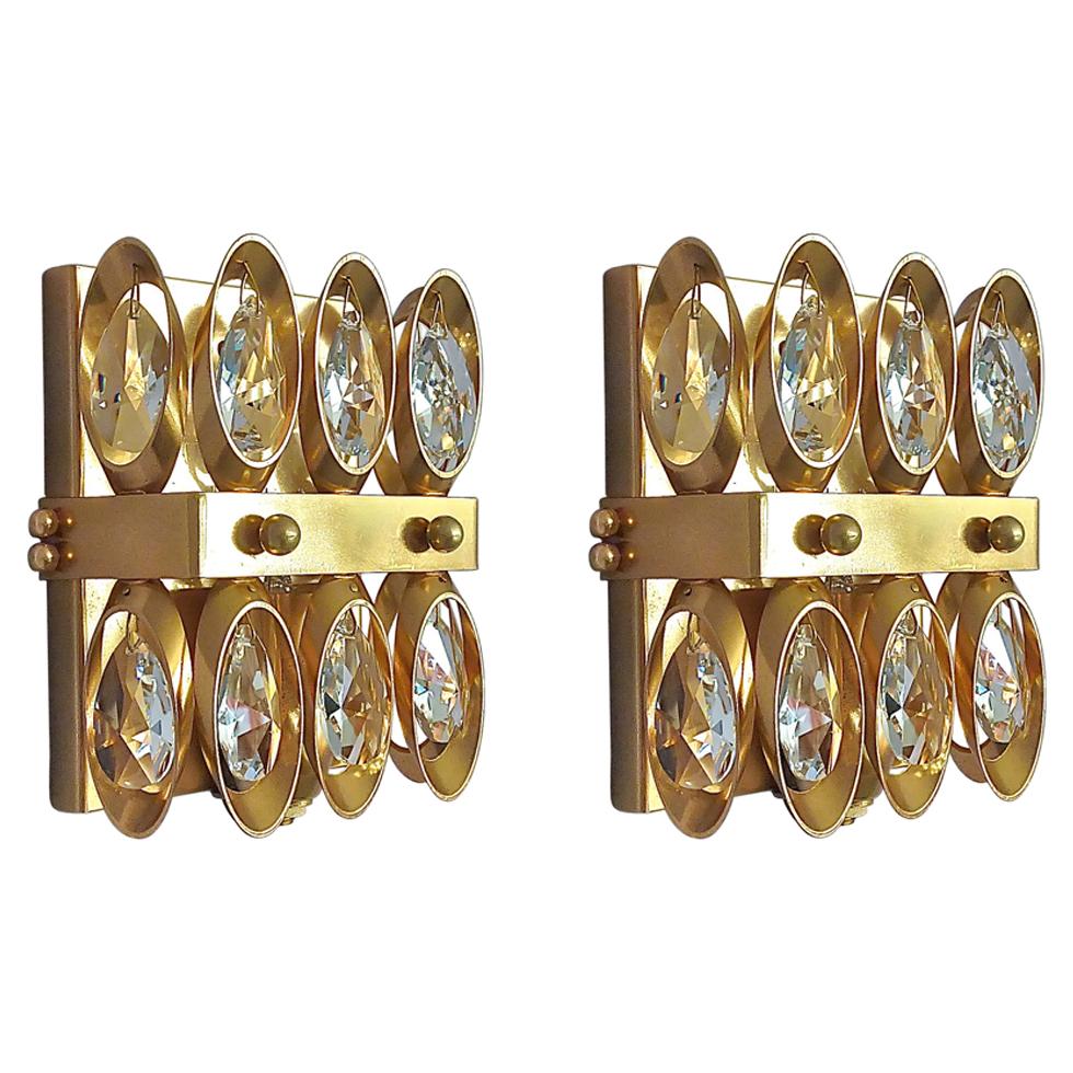 Midcentury Lobmeyr or Palwa Gilt Brass Faceted Crystal Glass Sconces 1960s, Pair For Sale
