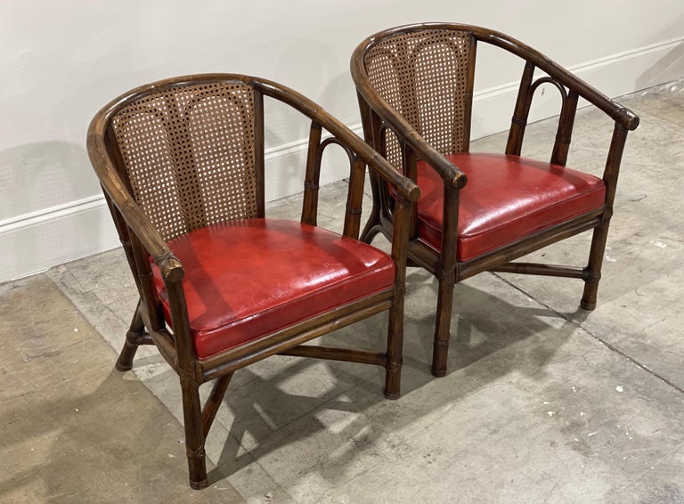 Pair Mid-Century McGuire Barrel Back Arm Chairs, Organic Modern Rattan + Cane For Sale 6