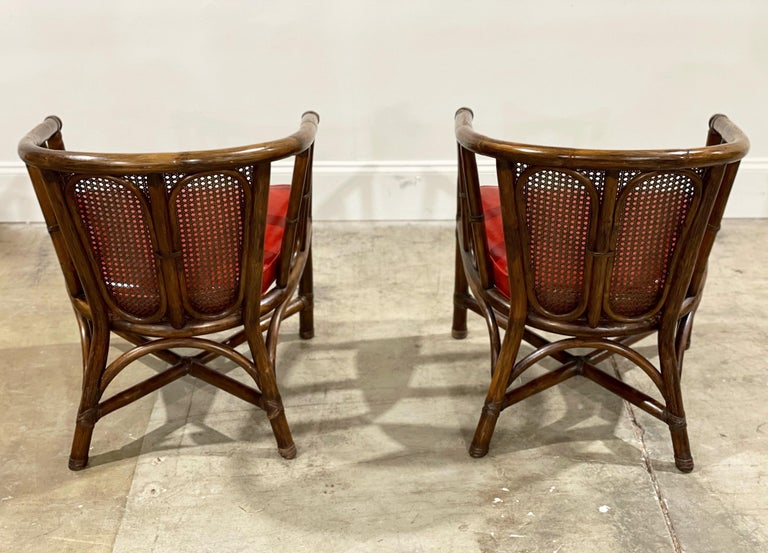 Pair Mid-Century McGuire Barrel Back Arm Chairs, Organic Modern Rattan + Cane For Sale 8