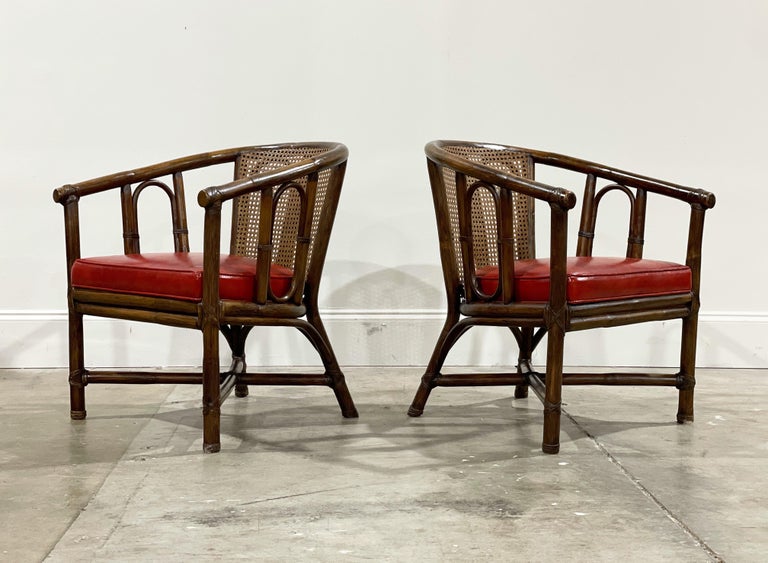 Pair Mid-Century McGuire Barrel Back Arm Chairs, Organic Modern Rattan + Cane For Sale 10