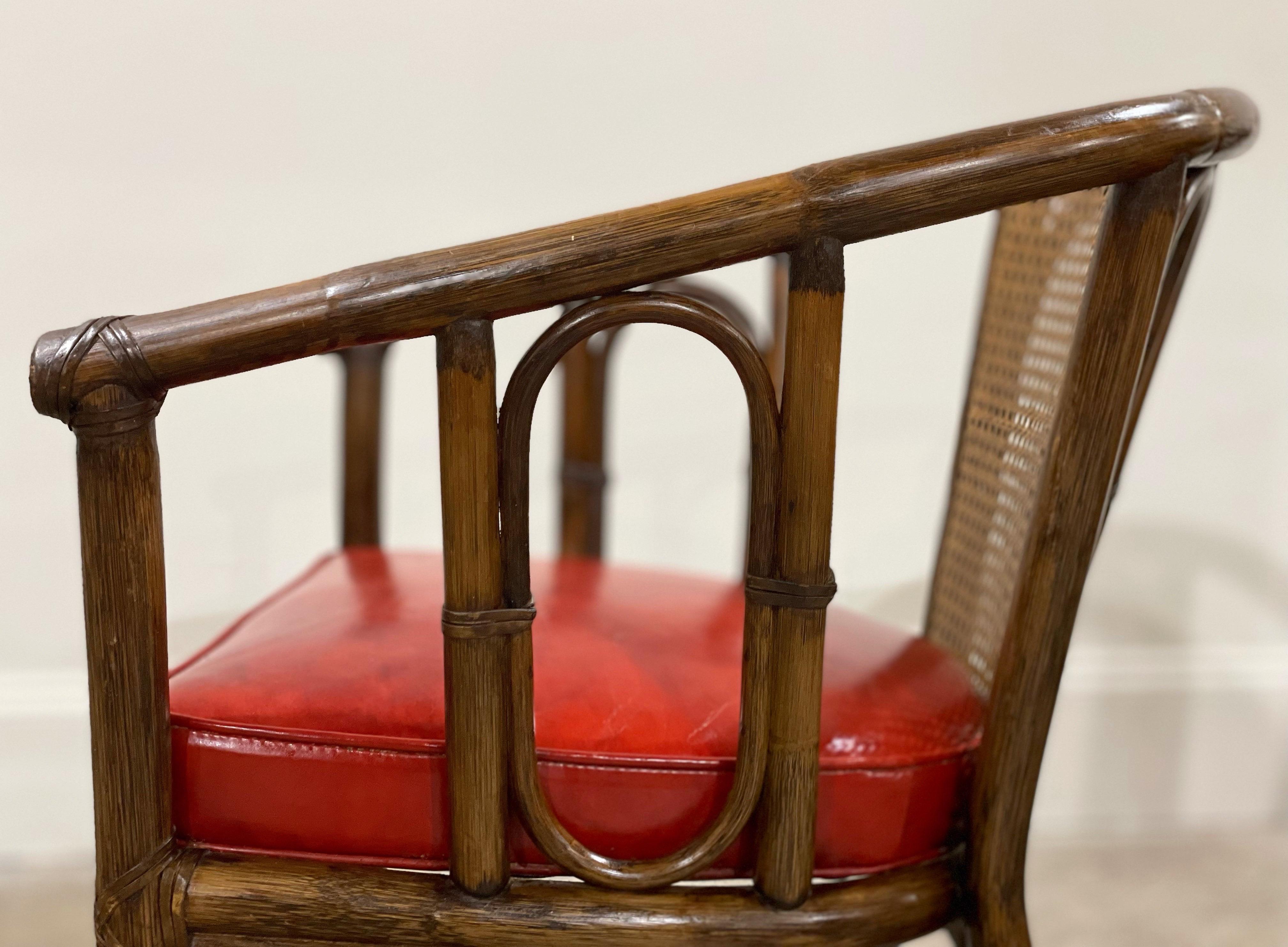 American Pair Mid-Century McGuire Barrel Back Arm Chairs, Organic Modern Rattan + Cane