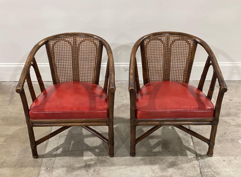 Pair Mid-Century McGuire Barrel Back Arm Chairs, Organic Modern Rattan + Cane For Sale 1