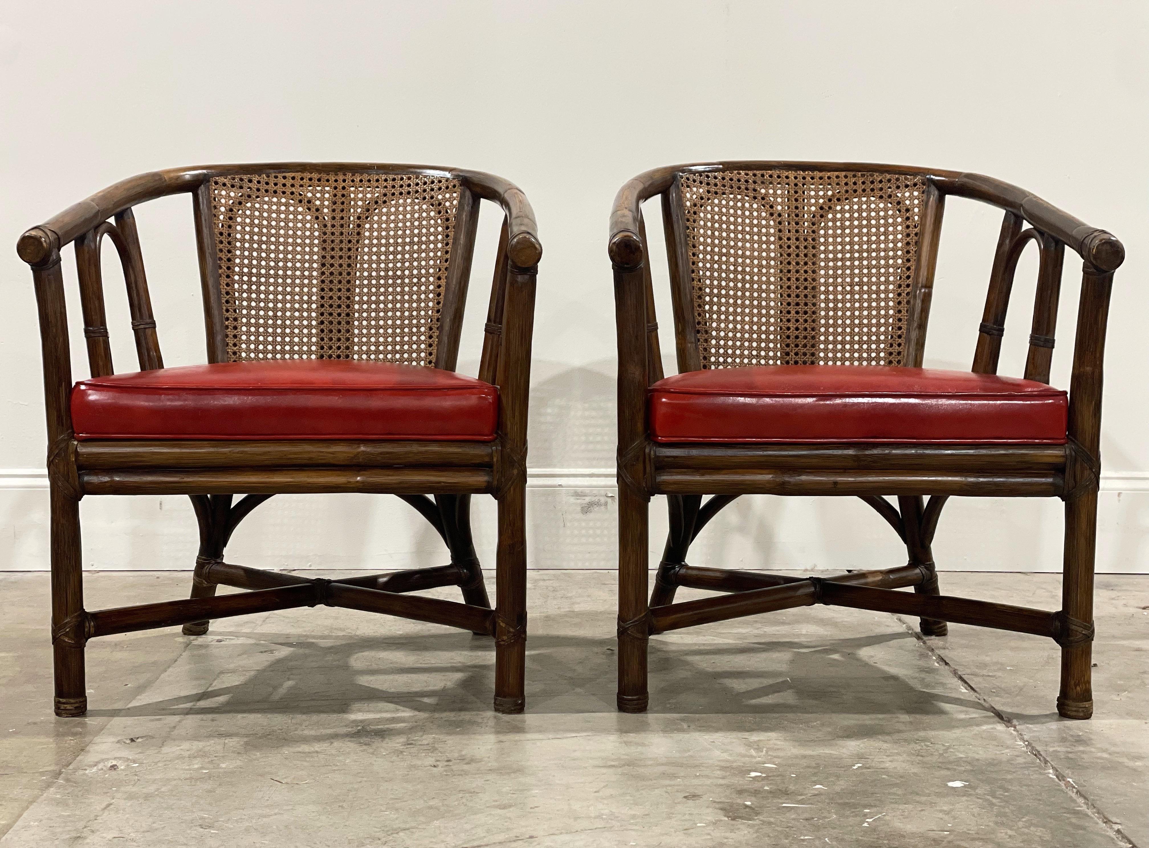 Leather Pair Mid-Century McGuire Barrel Back Arm Chairs, Organic Modern Rattan + Cane