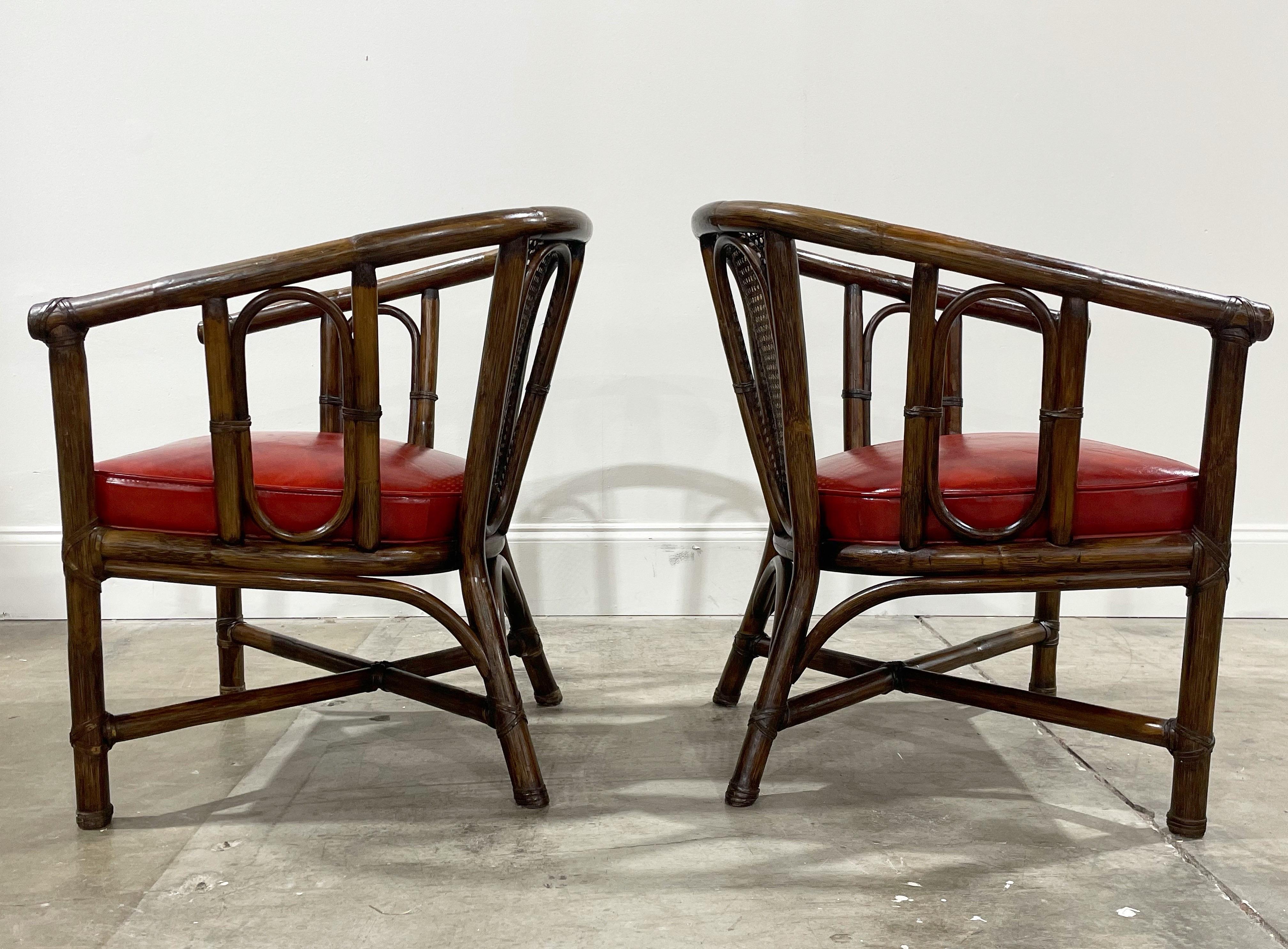 Pair Mid-Century McGuire Barrel Back Arm Chairs, Organic Modern Rattan + Cane 1