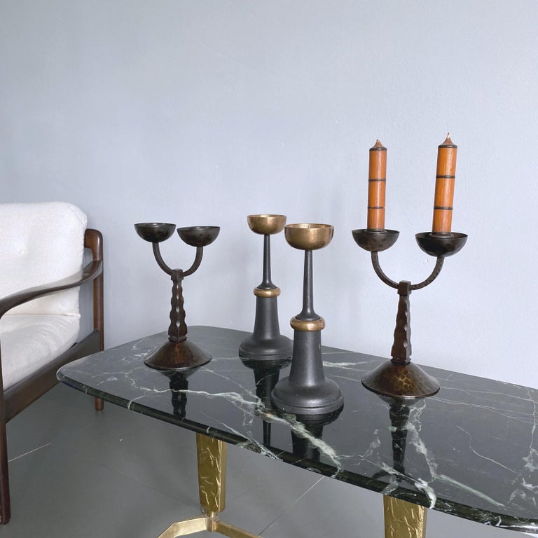 Pair of Midcentury Modern Bronze and Black Cast Iron Candlesticks
