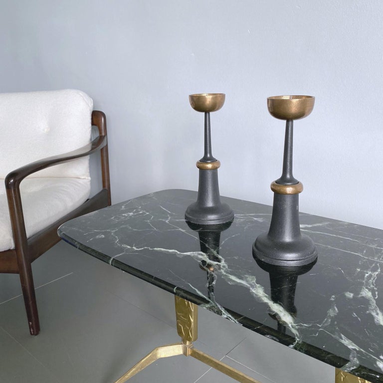 Pair of Midcentury Modern Bronze and Black Cast Iron Candlesticks
