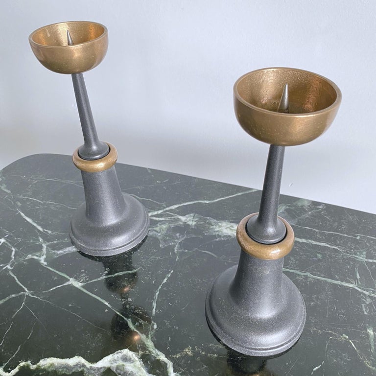 Pair of Midcentury Modern Bronze and Black Cast Iron Candlesticks