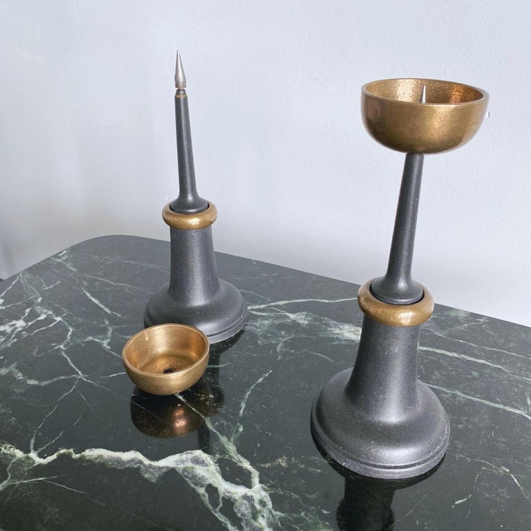Pair of Midcentury Modern Bronze and Black Cast Iron Candlesticks